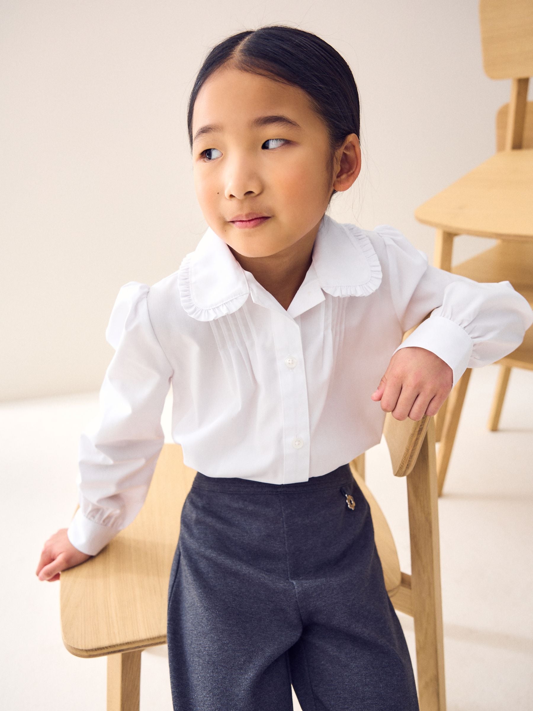 White Long Sleeve Ruffle Collar School Shirt (3-14yrs)