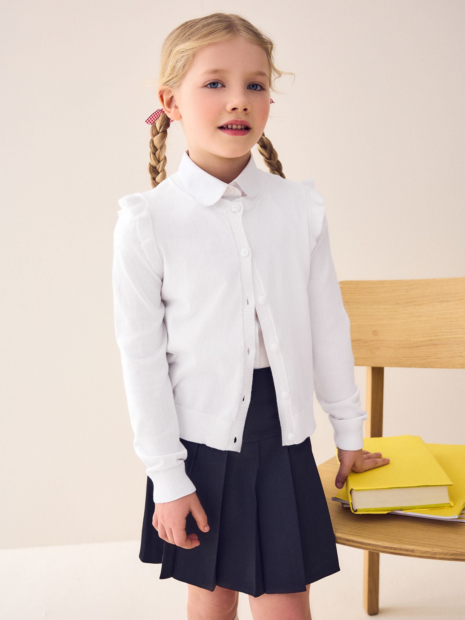 White Cotton Rich Frill Shoulder School Cardigan (3-16yrs)