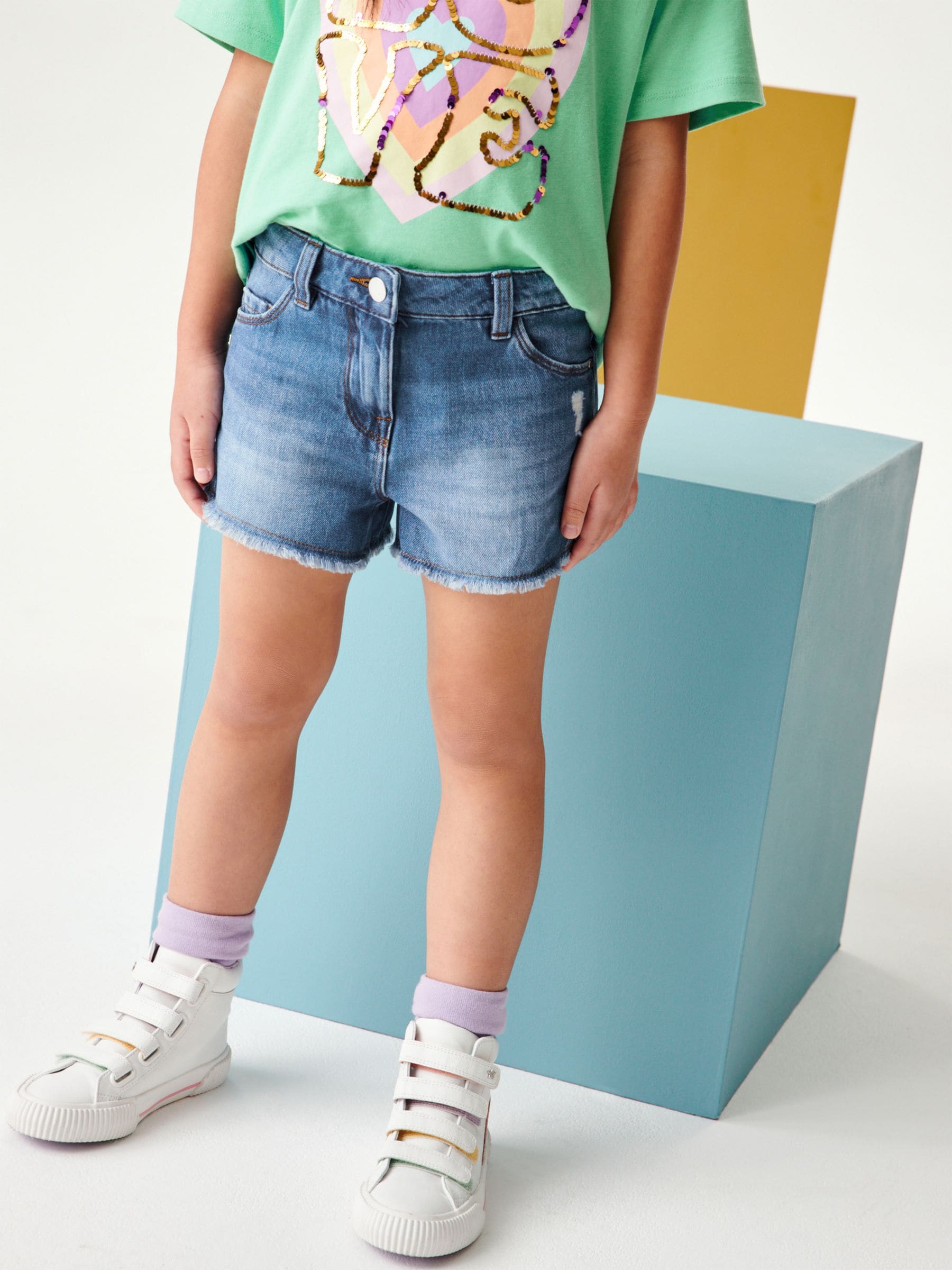 Blue Denim 2 Pack Regular Length 100% Cotton Frayed Edge Shorts (3-16yrs)