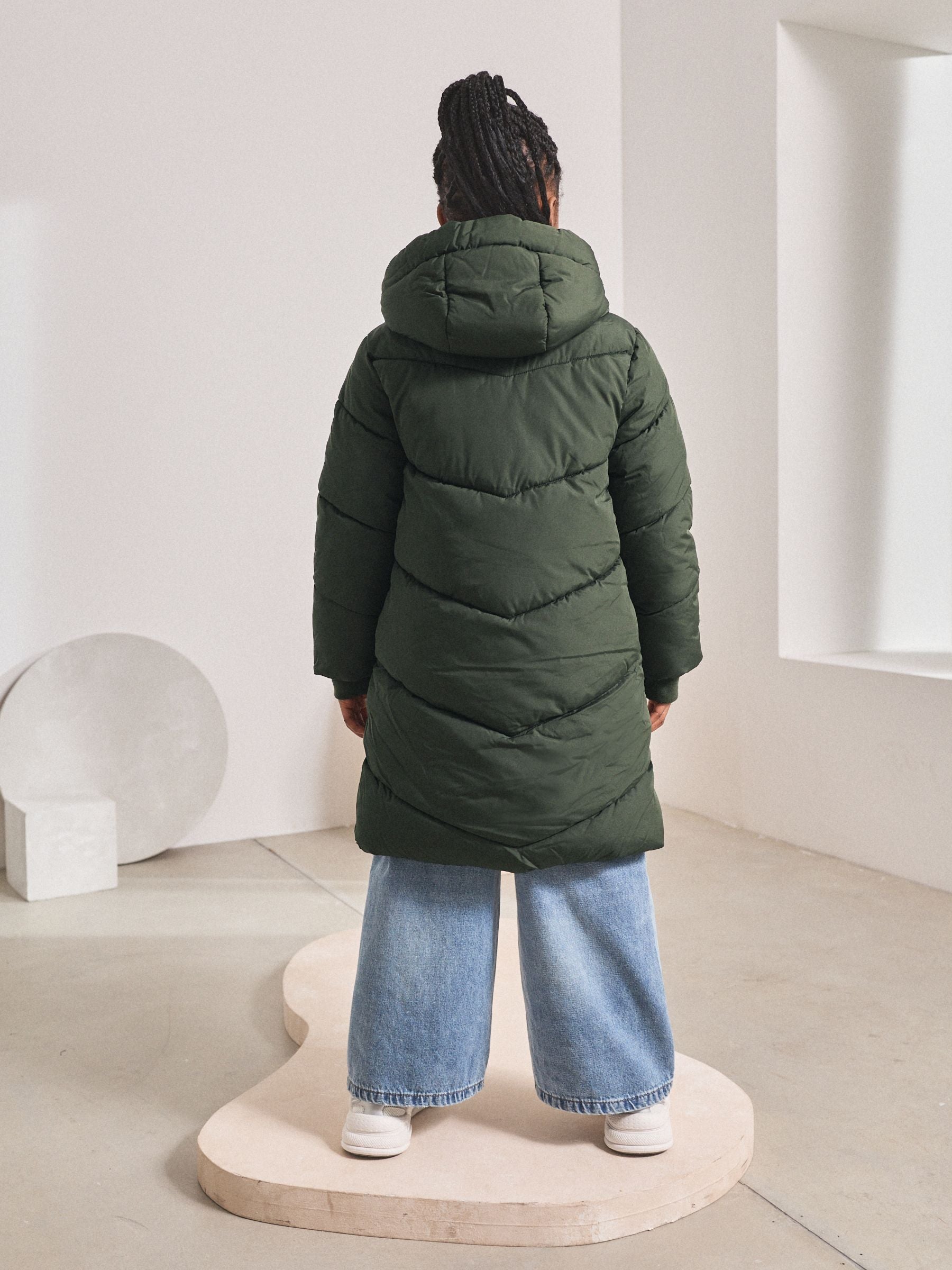 Khaki Green Regular Length Shower Resistant Faux Fur Lined Hooded Padded Coat (3-16yrs)