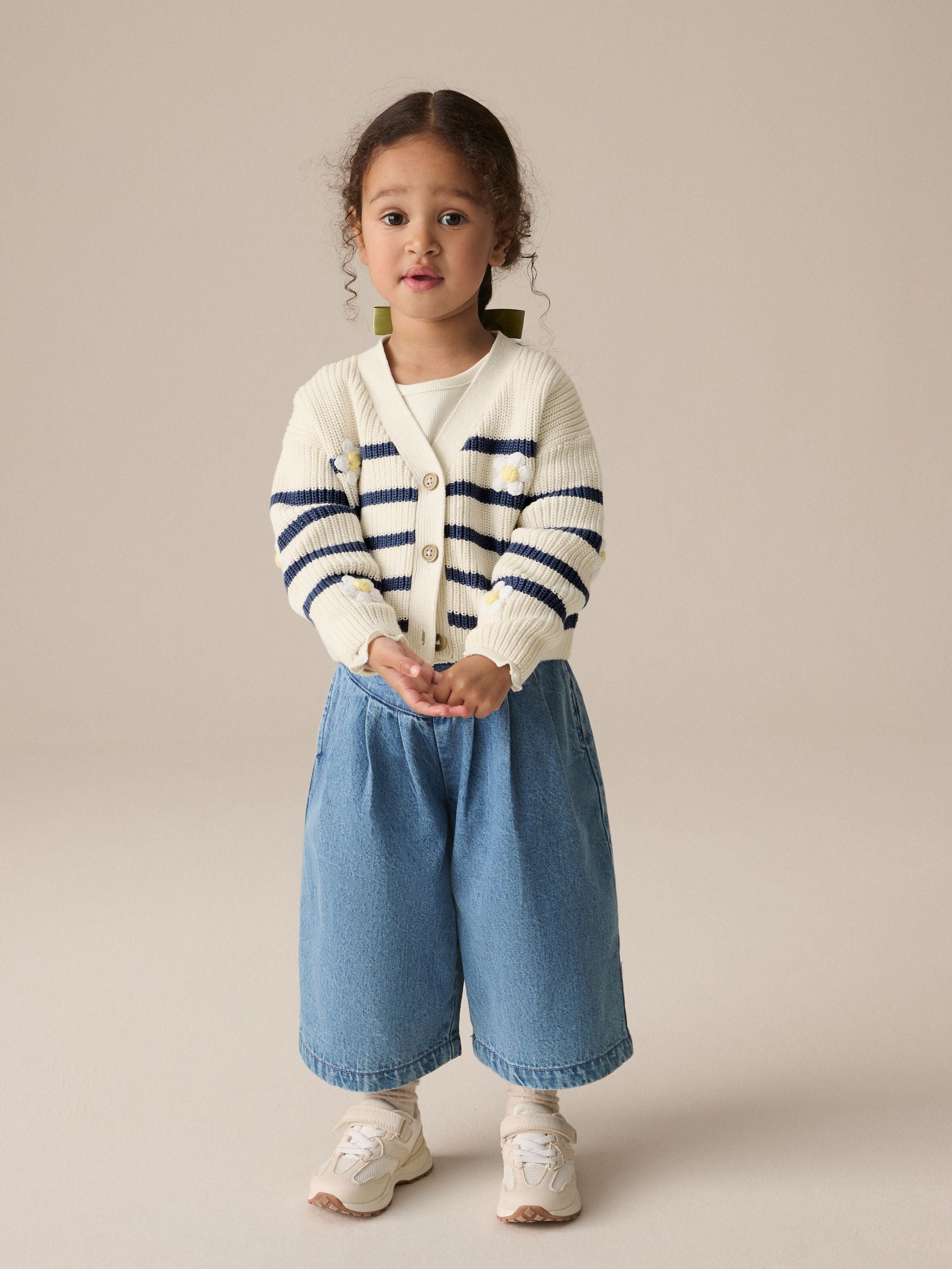White Daisy Stripe V-Neck 100% Cotton Cardigan (3mths-7yrs)