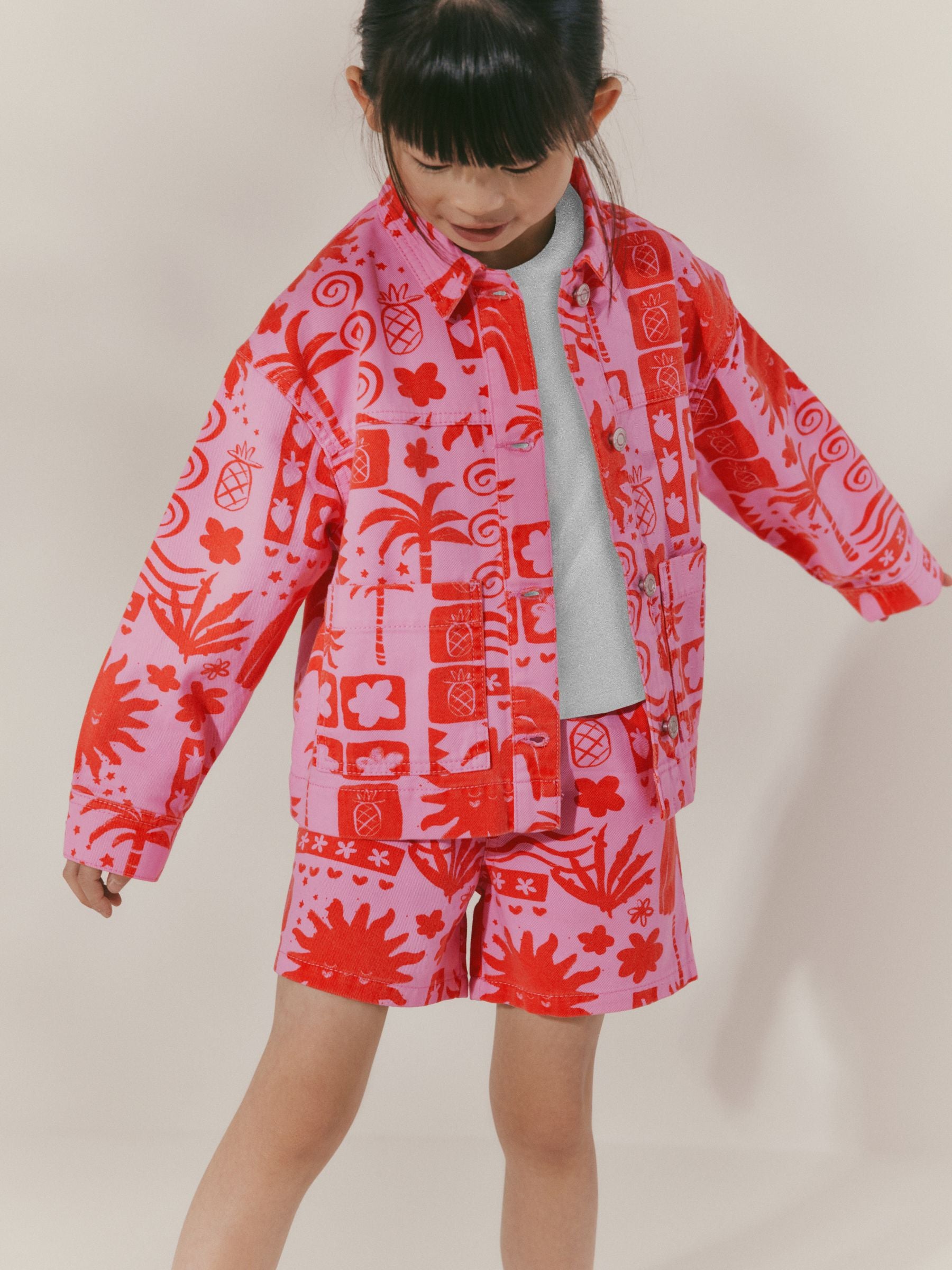 Pink/Red AOP Shacket and Shorts Set (3-16yrs)