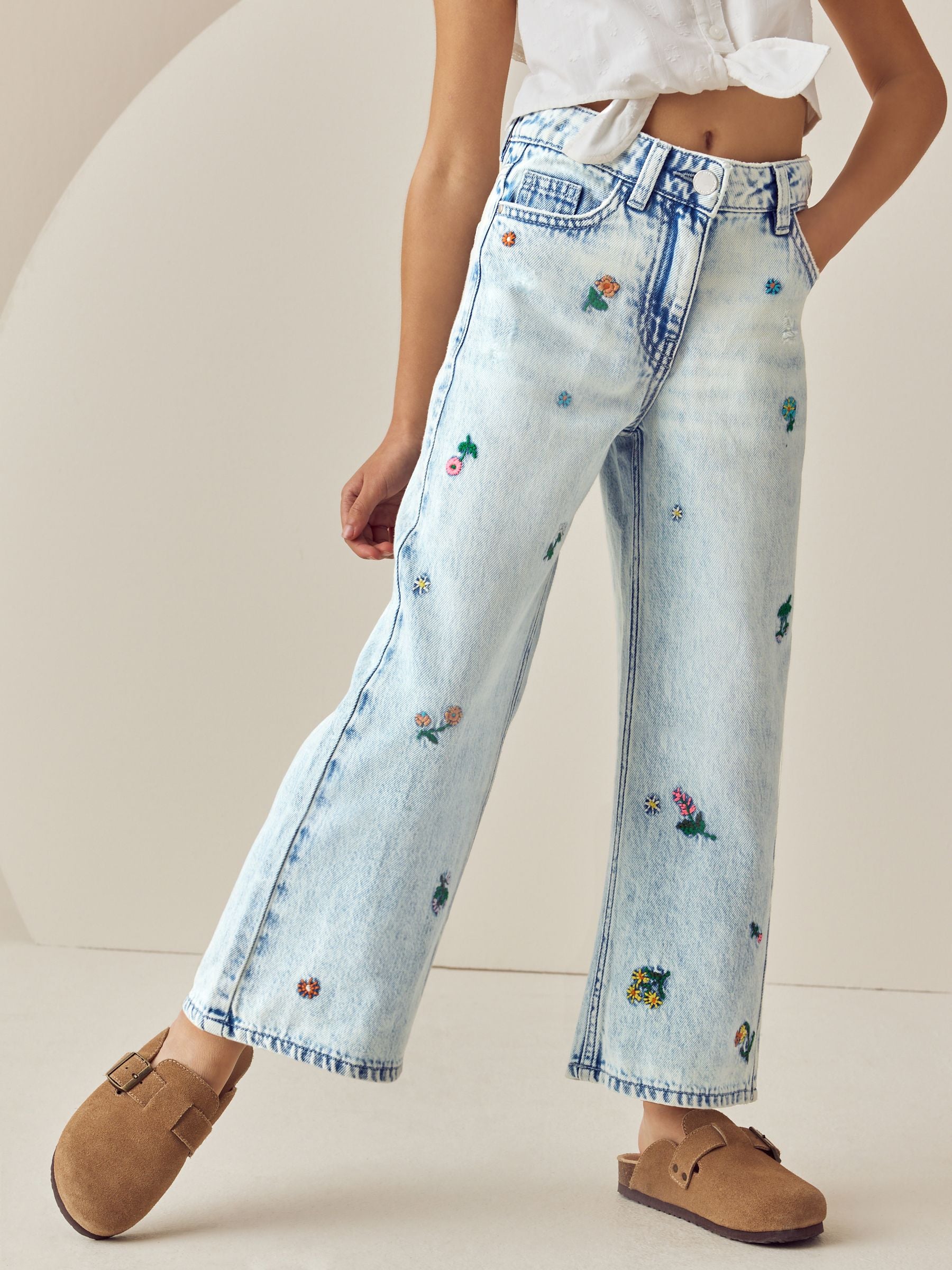 Mid Blue Floral Embroidered Wide Leg 100% Cotton Jeans (3-16yrs)