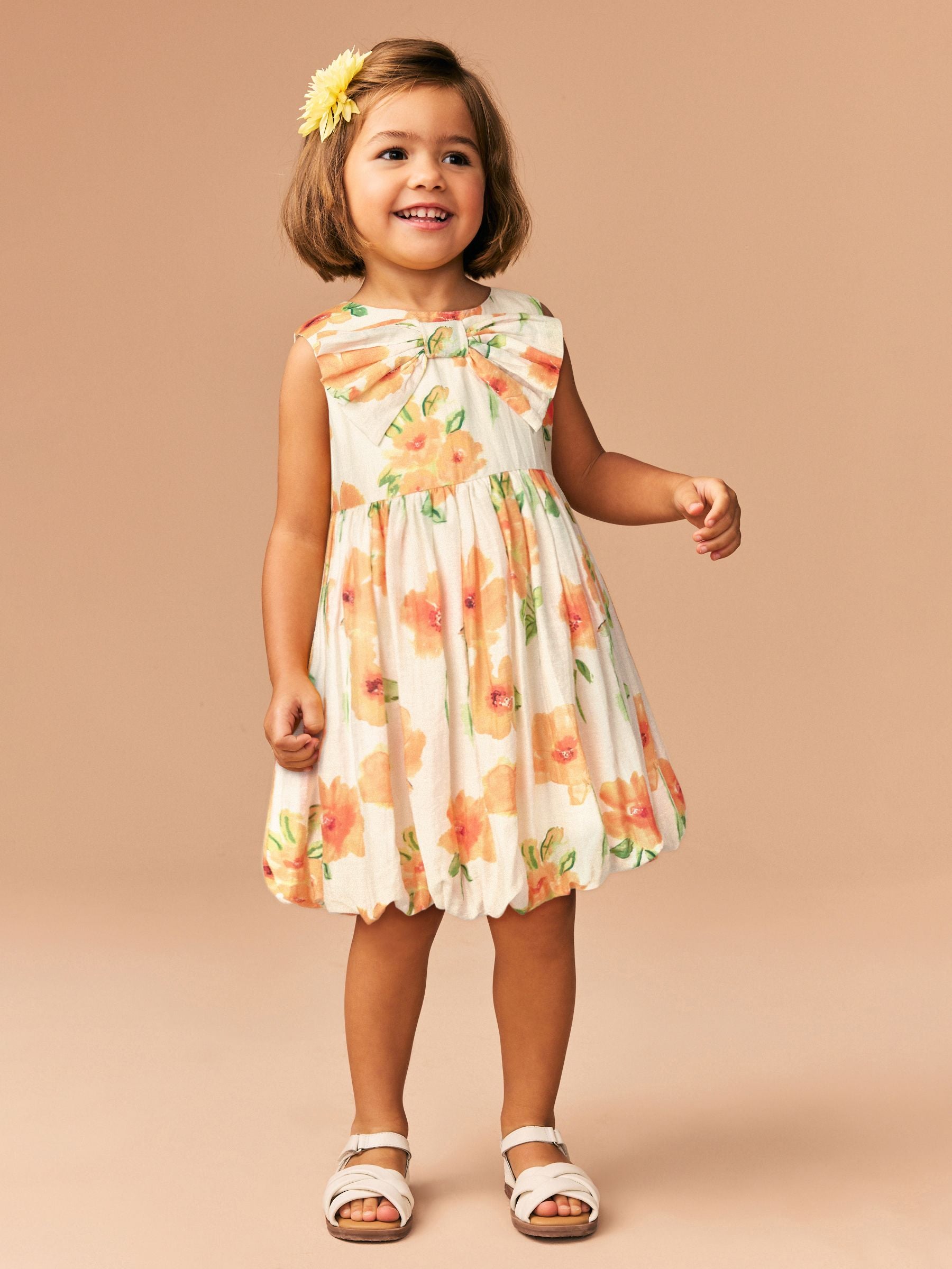 Orange Floral Bubble Hem Bow Dress (3mths-8yrs)