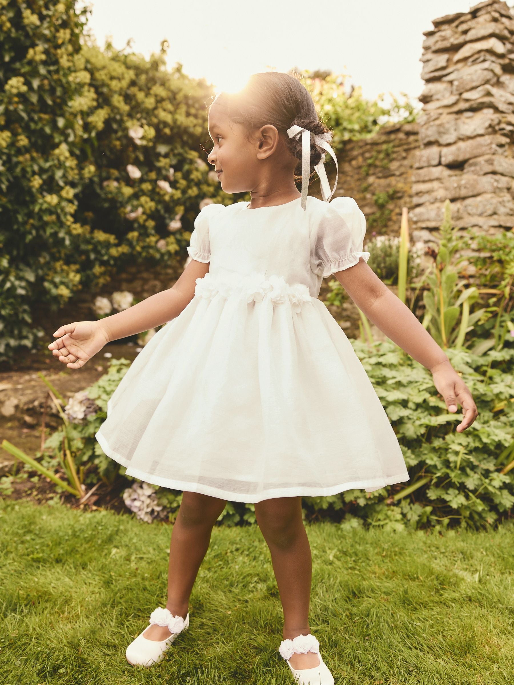 White Flower Print Corsage Dress (3mths-8yrs)
