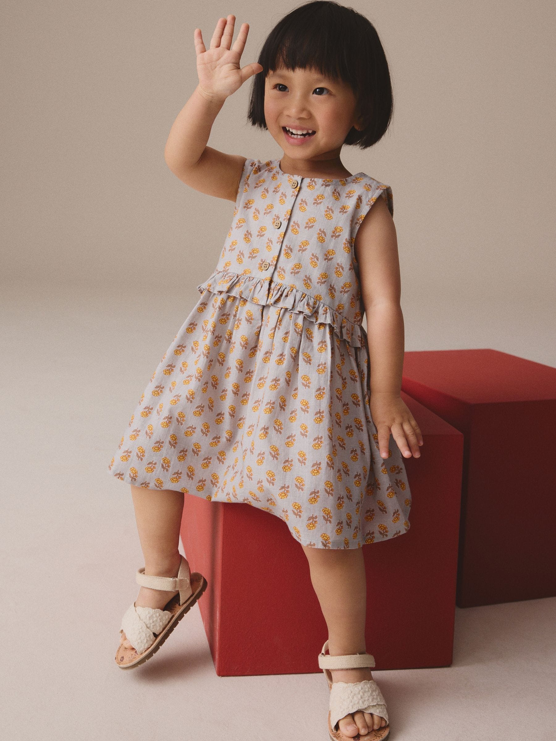 Blue Woodblock Sleeveless Peplum Summer Dress (3mths-8yrs)