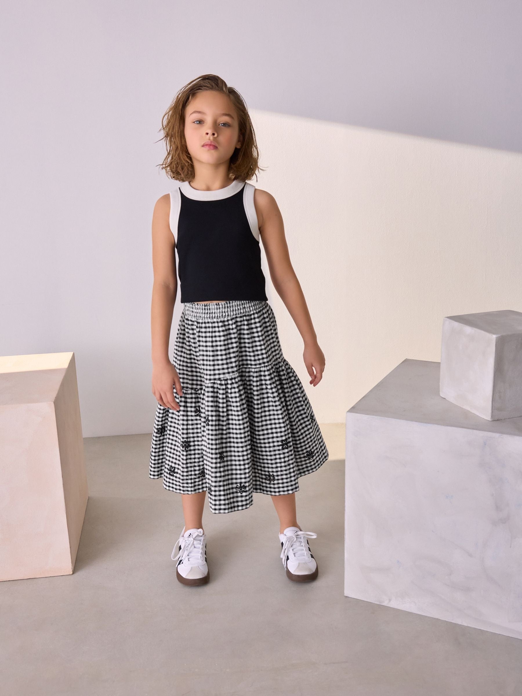 Black/White 100% Cotton Gingham Boho Skirt (3-16yrs)