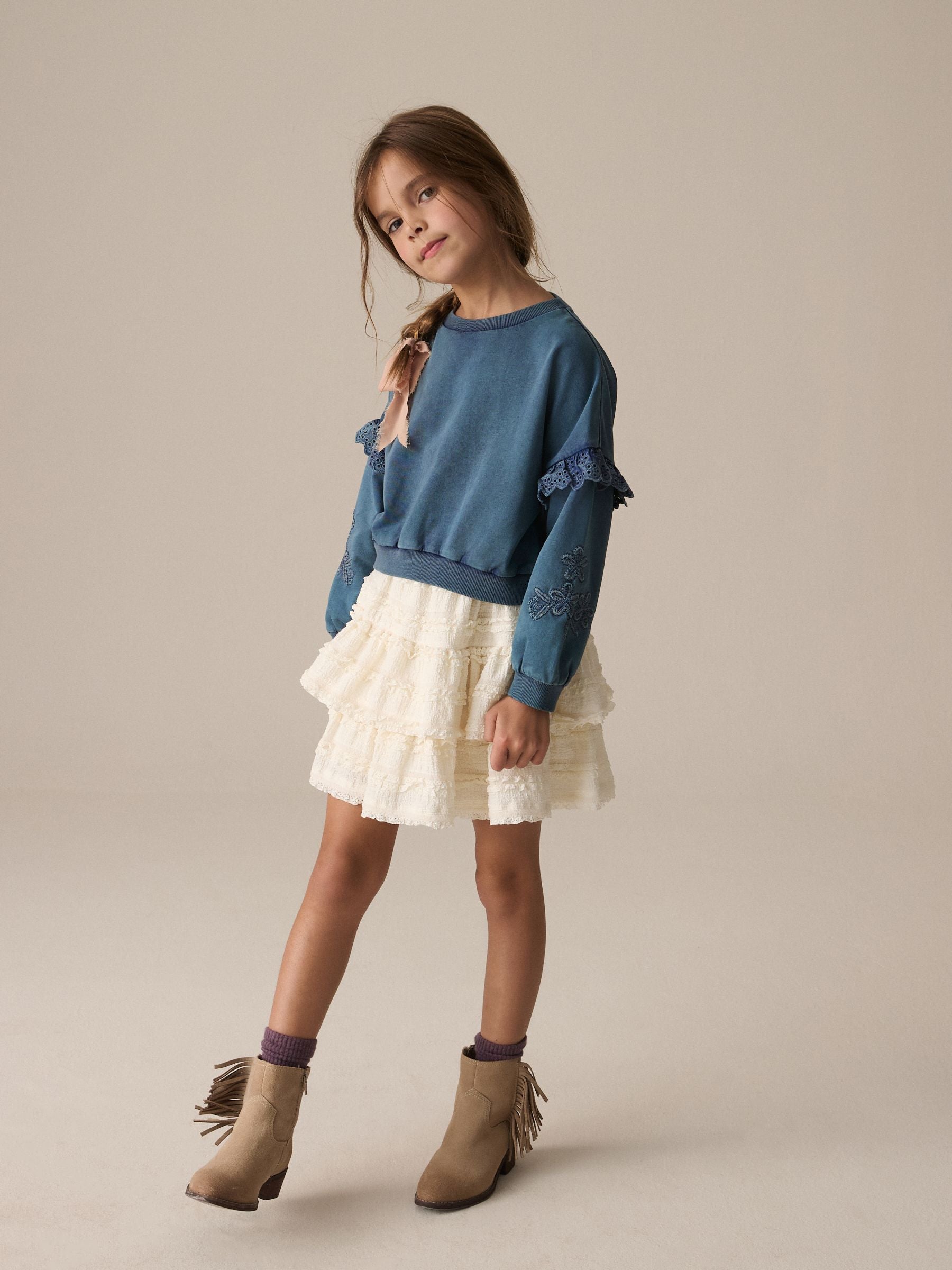 Denim 100% Cotton Embroidered Boxy Long Sleeve Sweatshirt (3-16yrs)