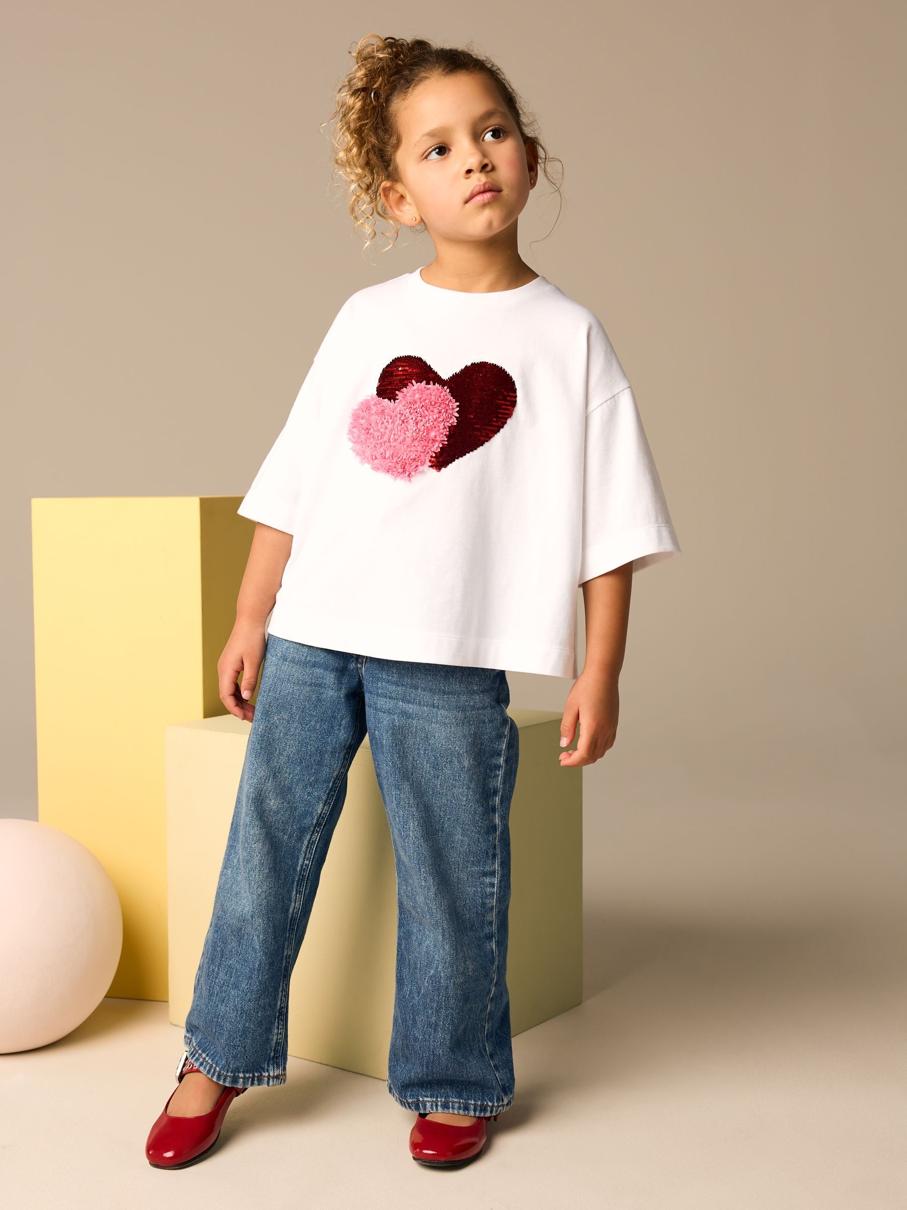 White Sequin Heart Print T-Shirt (3-16yrs)