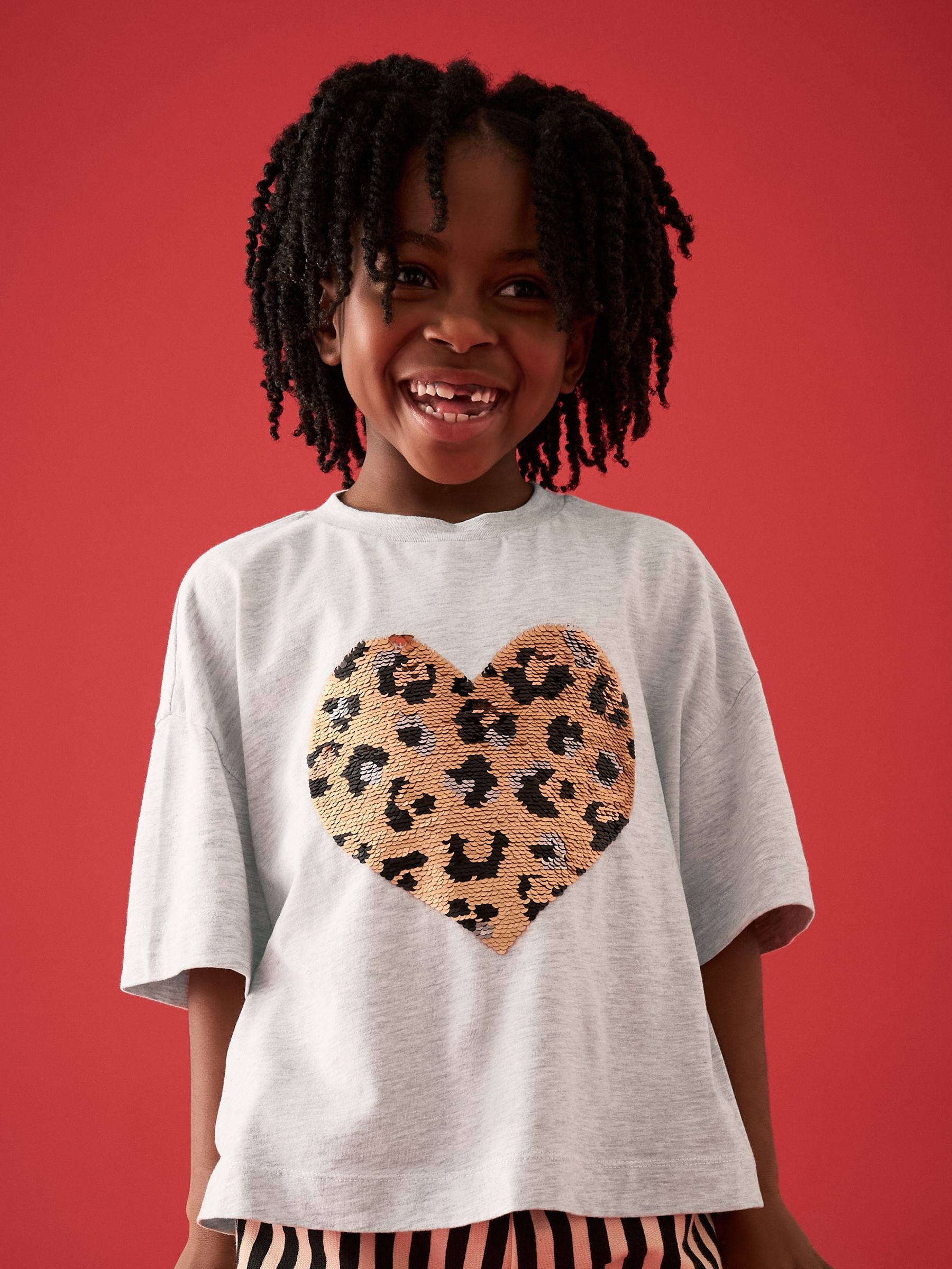 Grey Sequin Heart Print T-Shirt (3-16yrs)