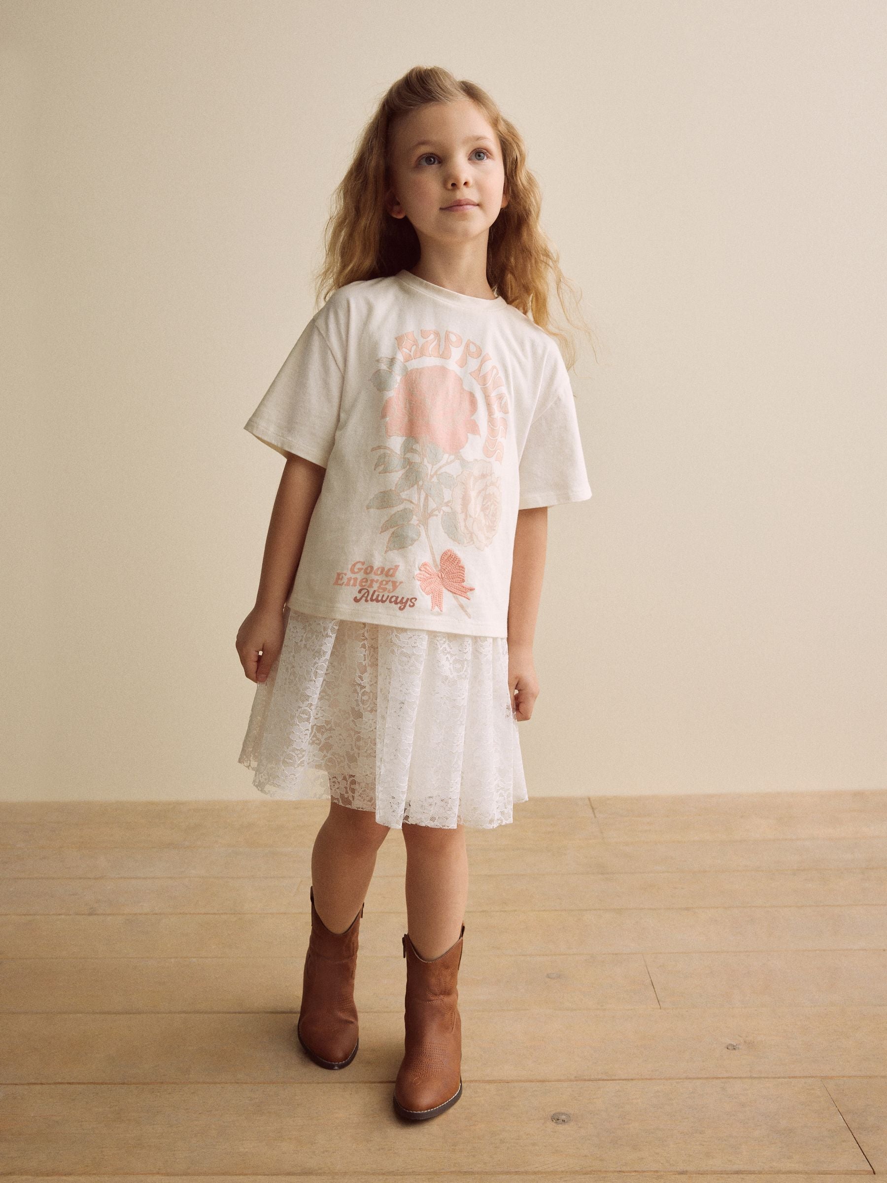 Ecru Oversized Floral Print T-Shirt with Jersey Lace Skirt Dress (3-12yrs)