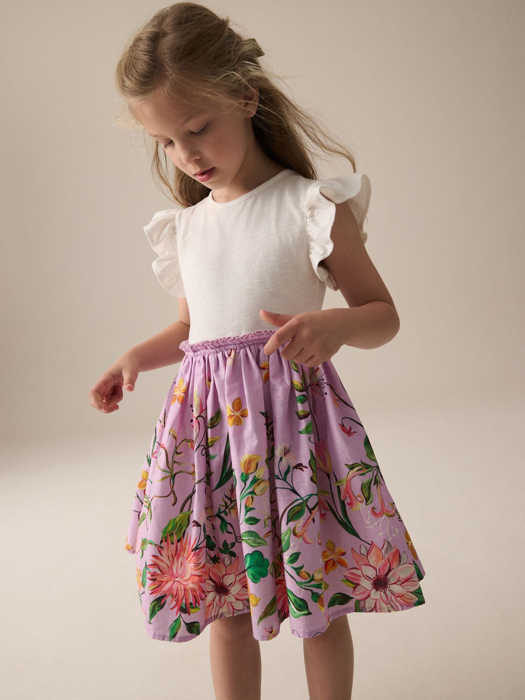 Lilac Purple Floral Print Skirt 100% Cotton Dress (3-12yrs)