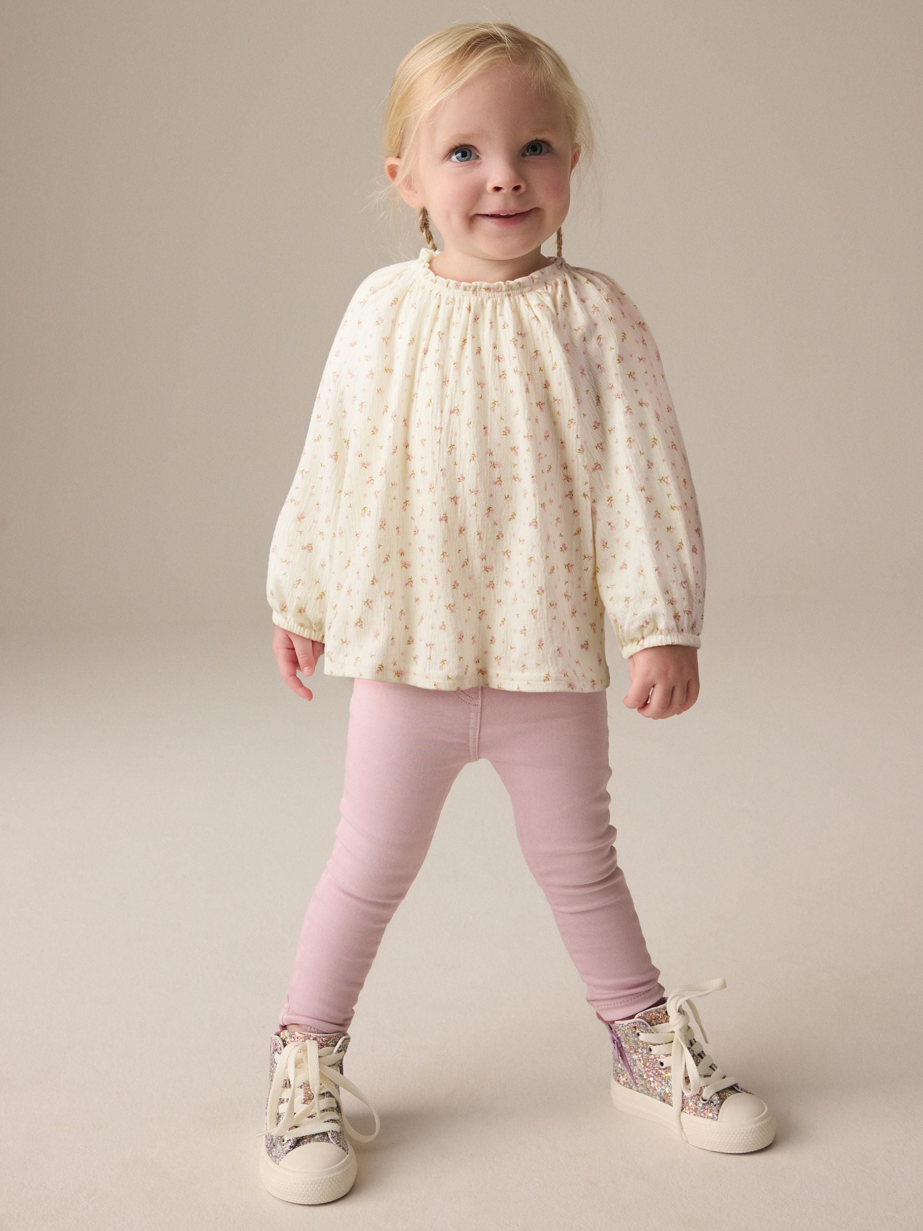 Cream Ditsy Floral Long Sleeve Gathered Neck Blouse (3mths-7yrs)