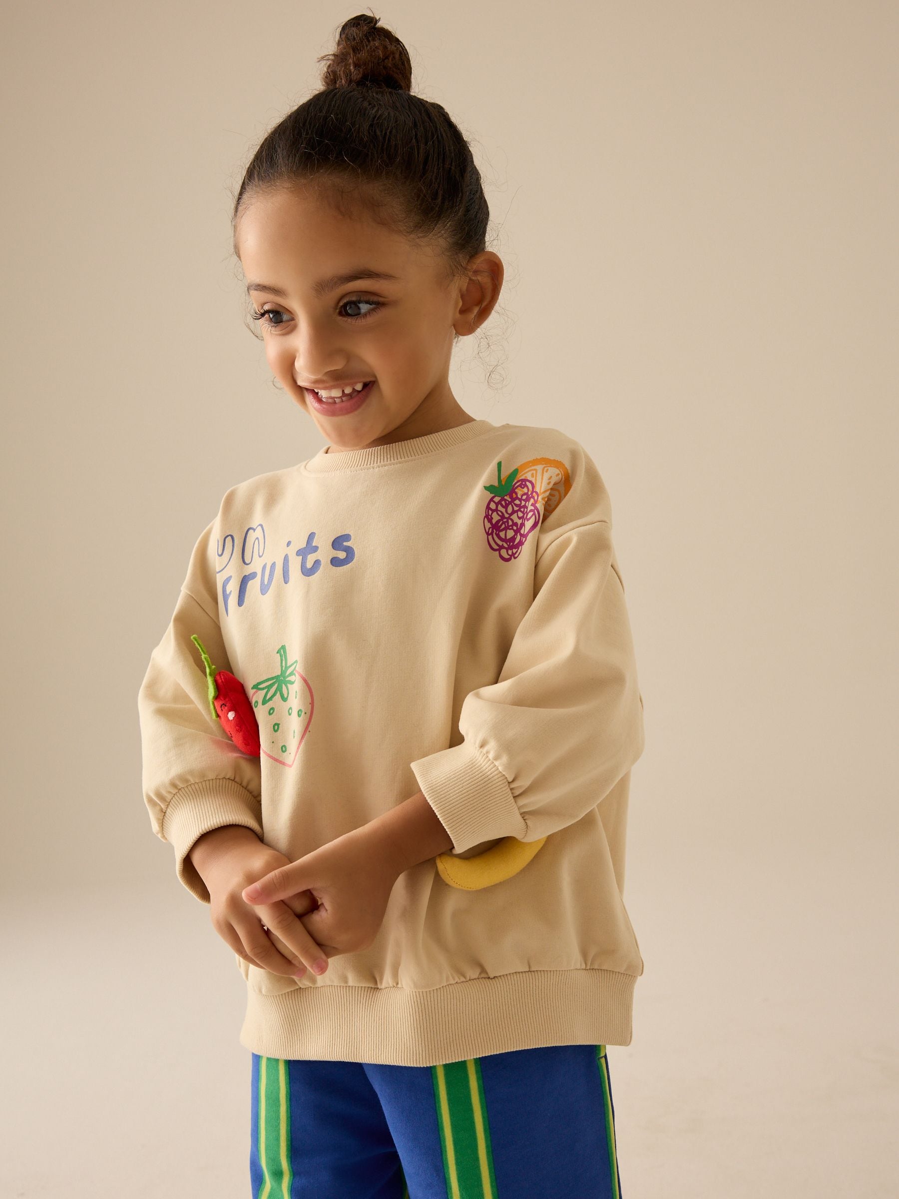 Cream Padded Fruits Long Sleeve Top and Wide Trousers Set (3mths-7yrs)