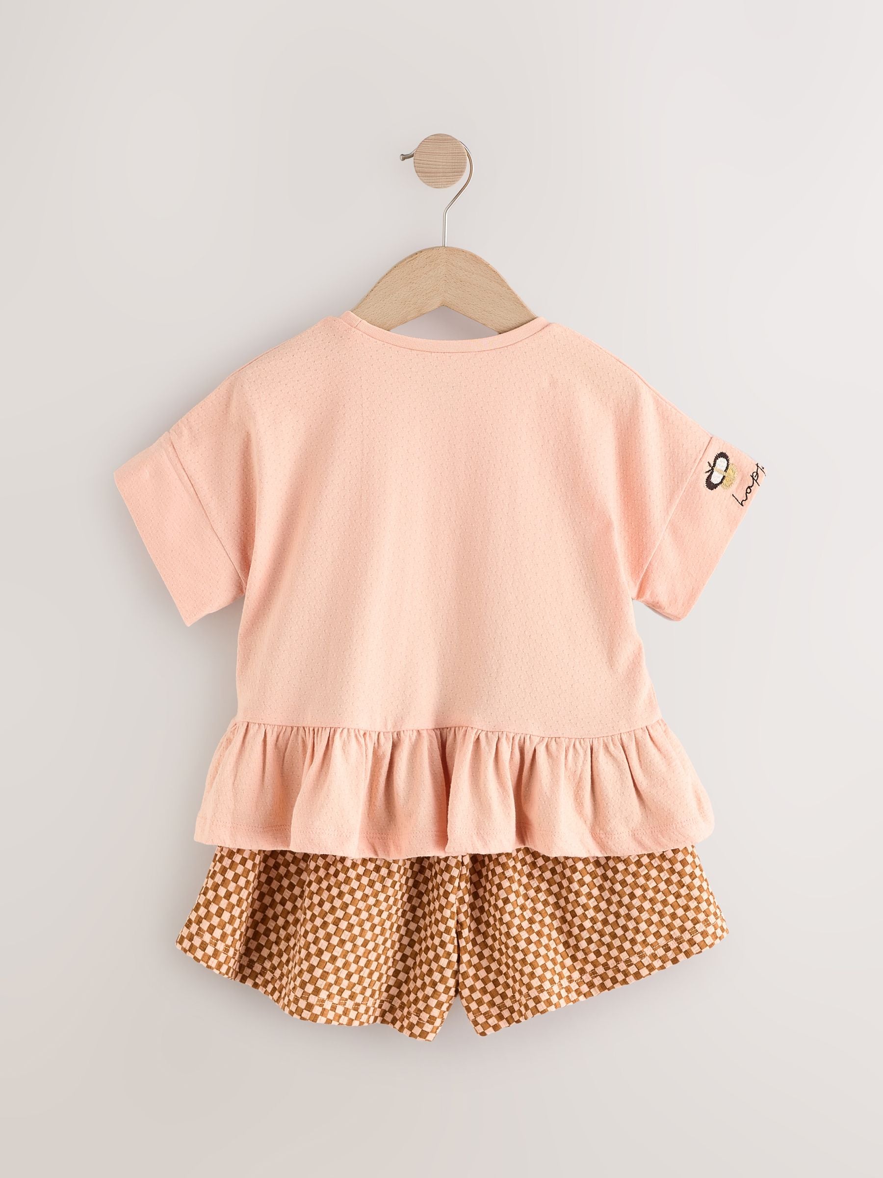 Coral Pink Flower Embroidery 100% Cotton Short Sleeve Peplum T-Shirt and Shorts Set (3mths-7yrs)