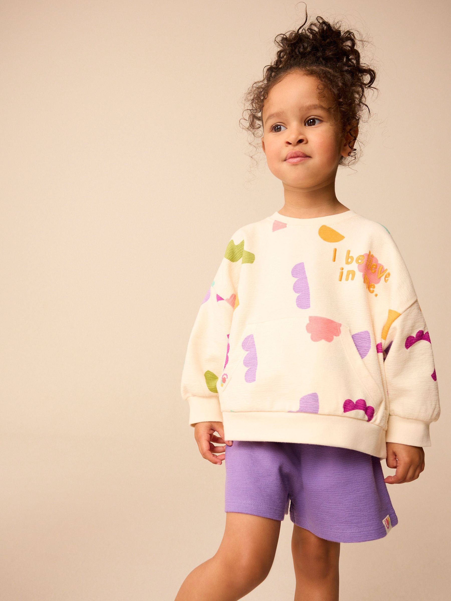 Cream/Purple 100% Cotton Sweatshirt and Shorts Set (3mths-7yrs)