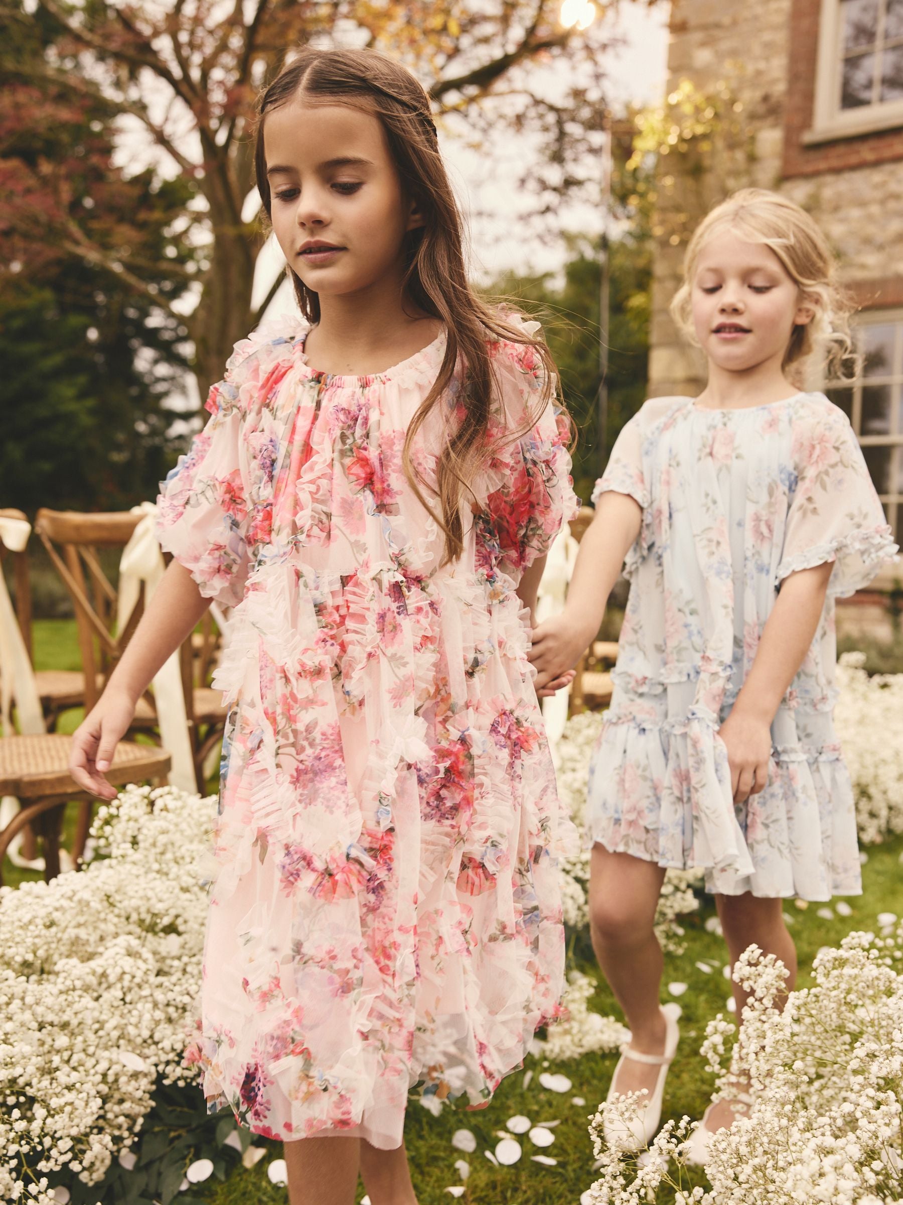 Pink Floral Print Ruffle Mesh Occasion Dress (3-16yrs)