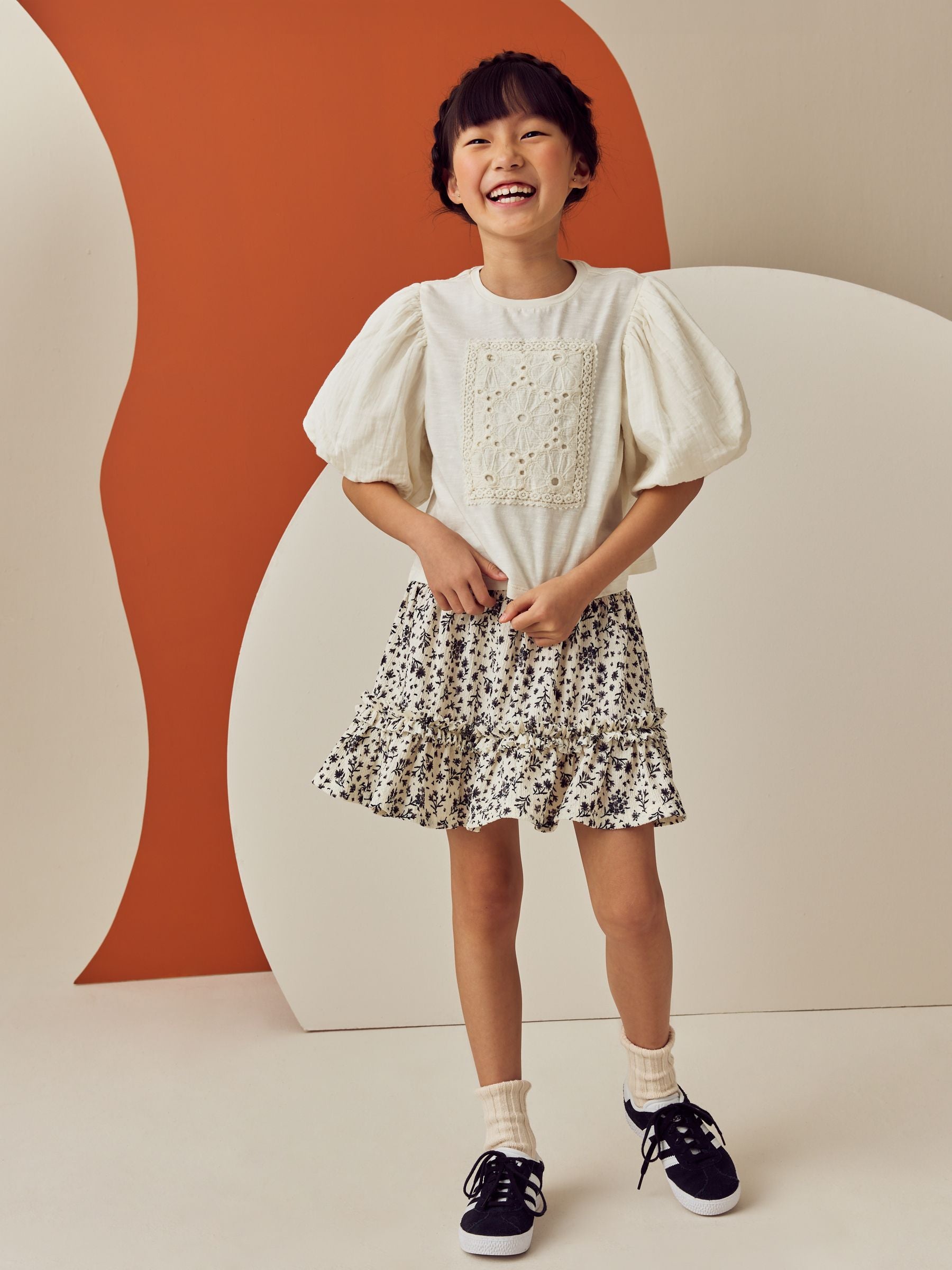 Black/White Floral Textured Frill Skirt (3-16yrs)