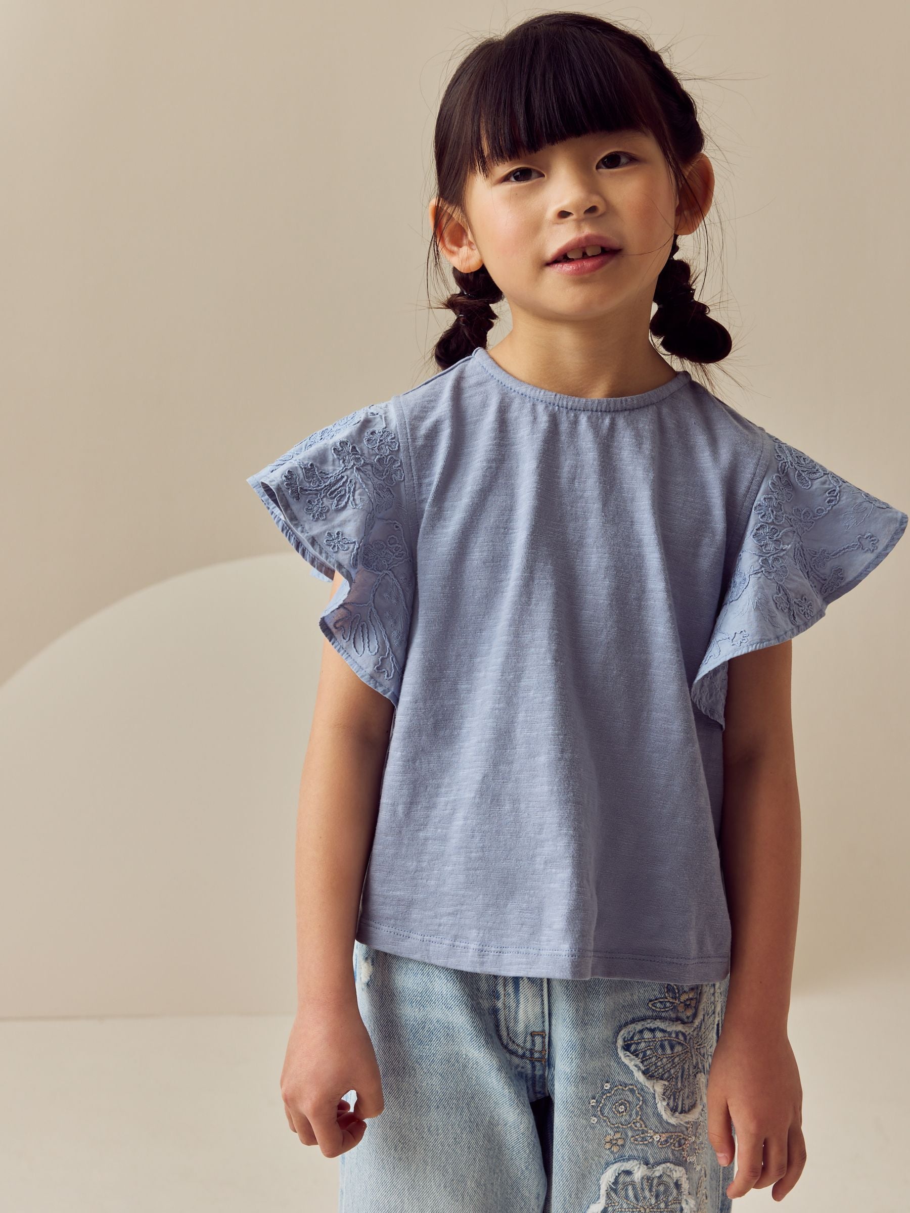 Blue Cornelli Frill Sleeve 100% Cotton T-Shirt (3-16yrs)
