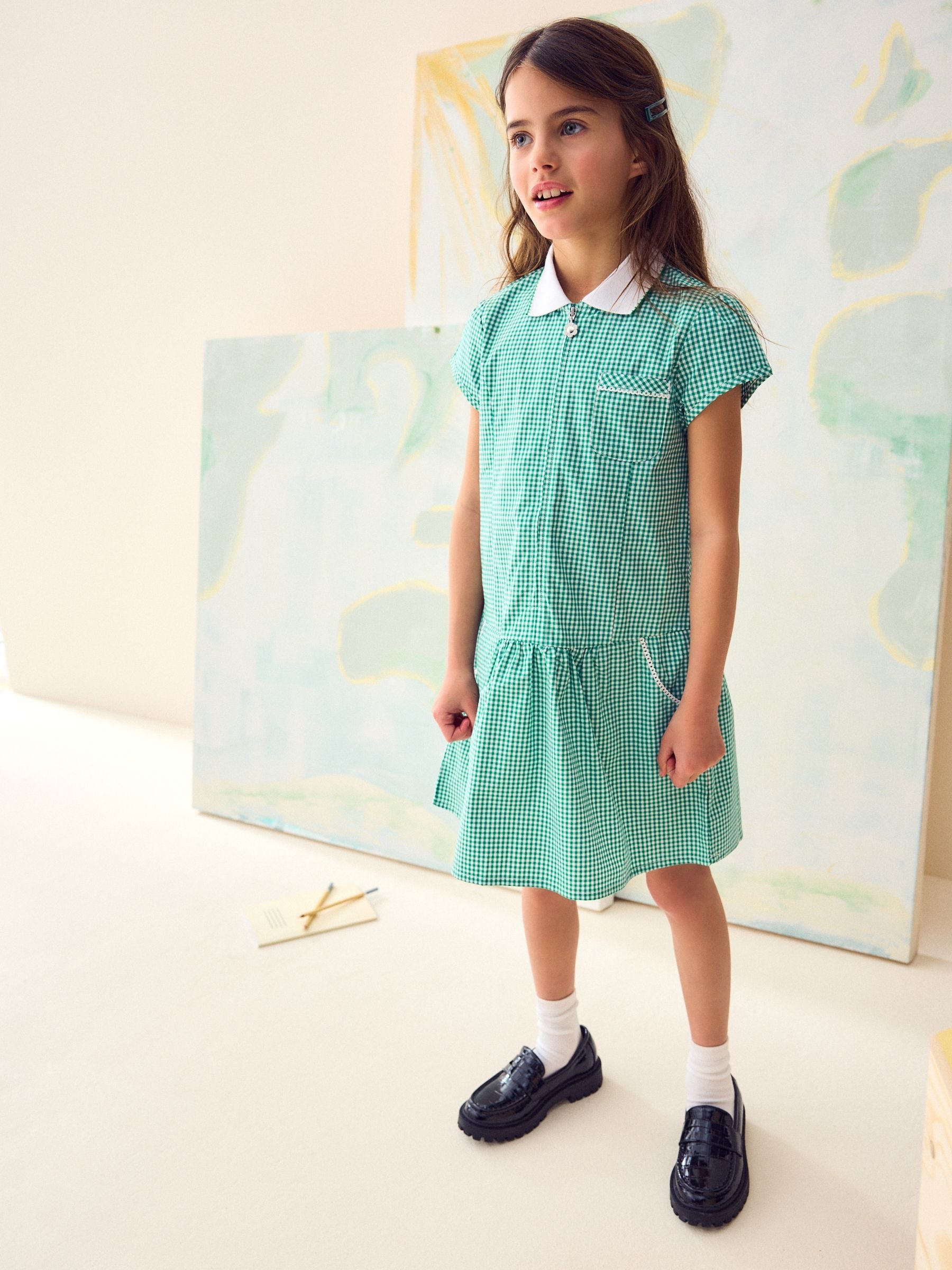 Green Zip Front Cotton Rich Gingham School Dress (3-14yrs)
