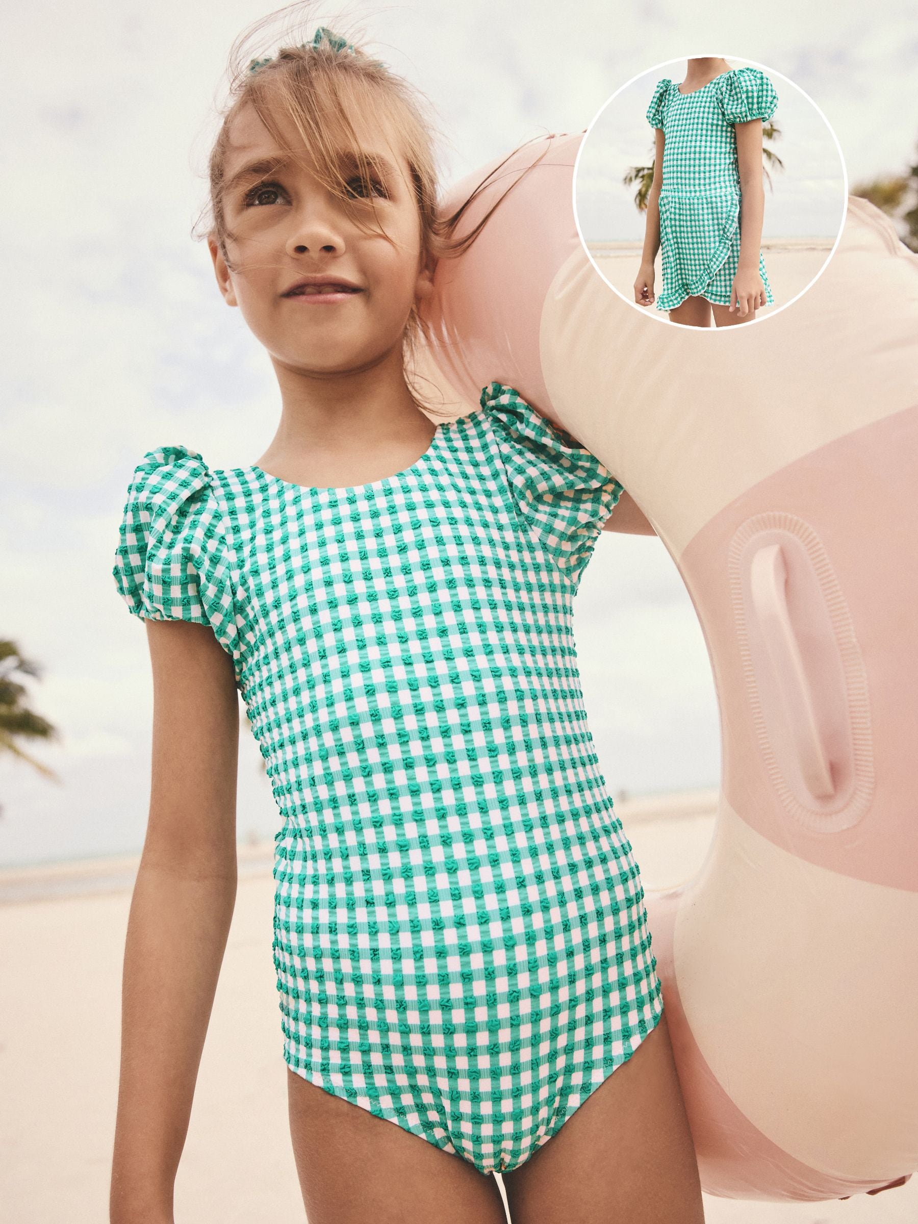 Green Gingham Swimsuit, Skirt & Scrunchie Set (3-16yrs)