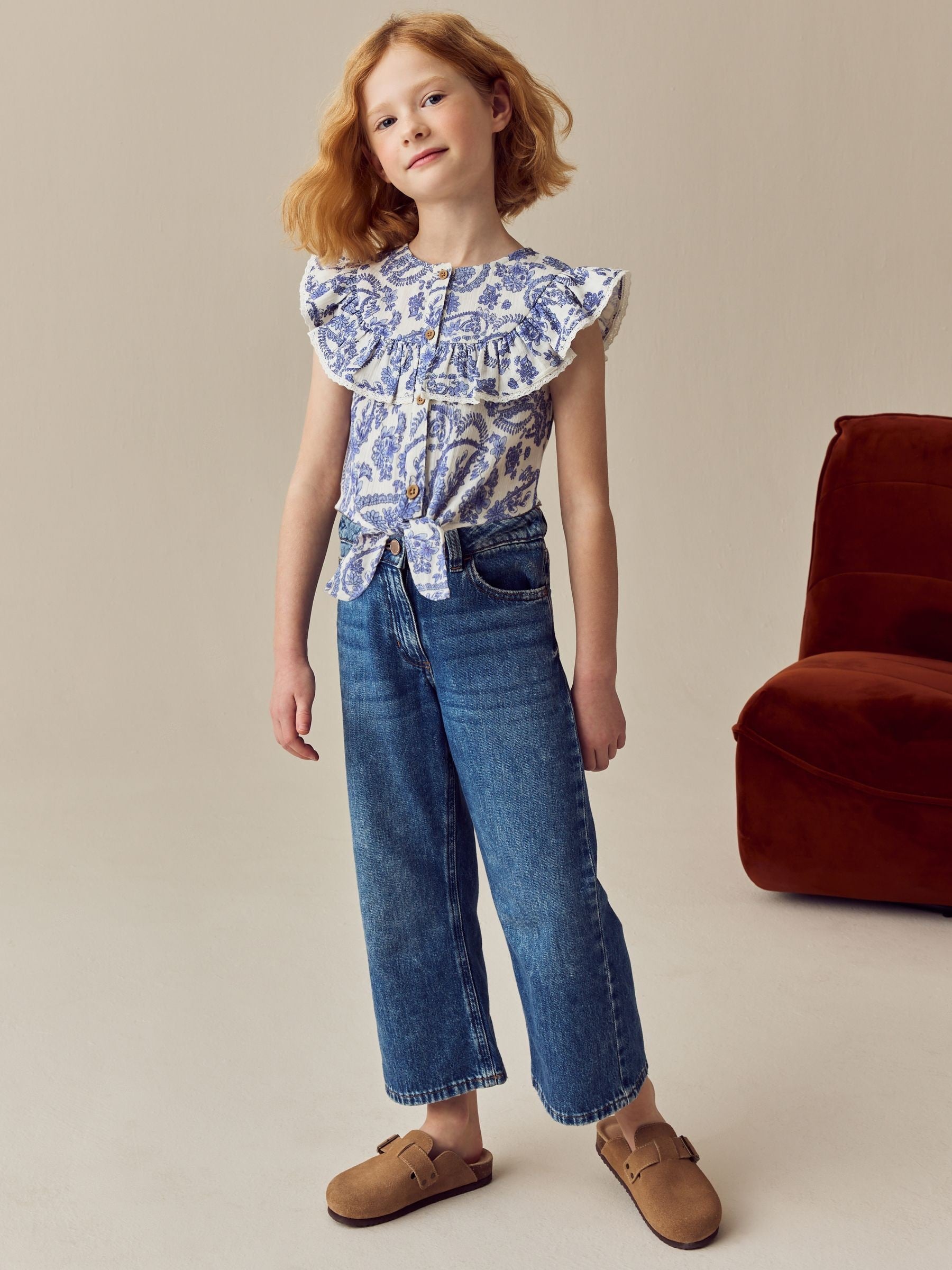 Blue Floral 100% Cotton Tie Front Blouse (3-16yrs)