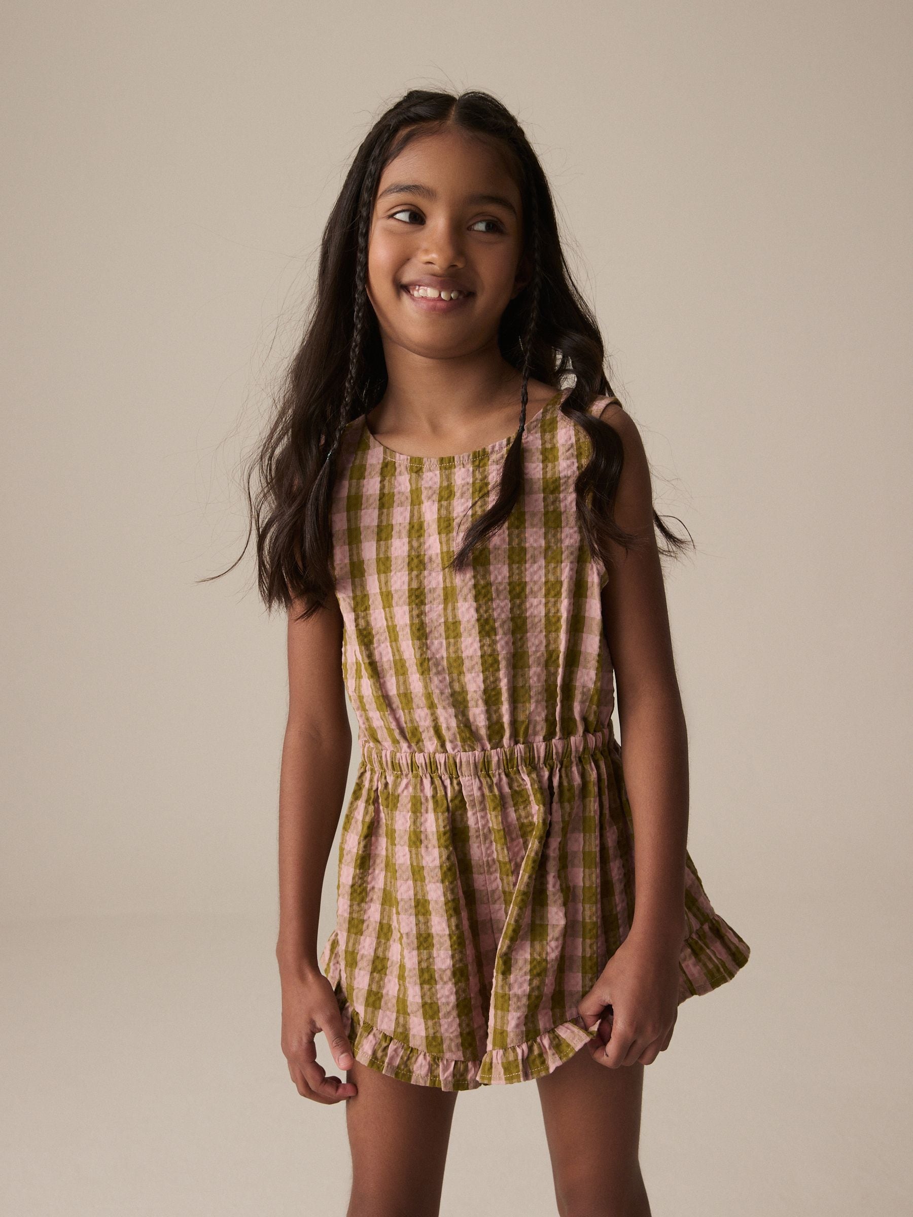 Pink/Khaki Gingham Bow Detail Playsuit (3-16yrs)