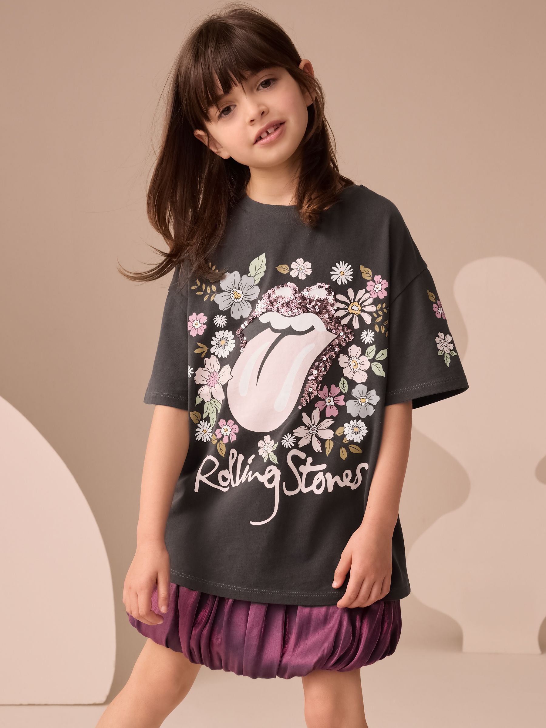 Charcoal Grey Floral The Rolling Stones License Band Sequin T-Shirt (3-16yrs)