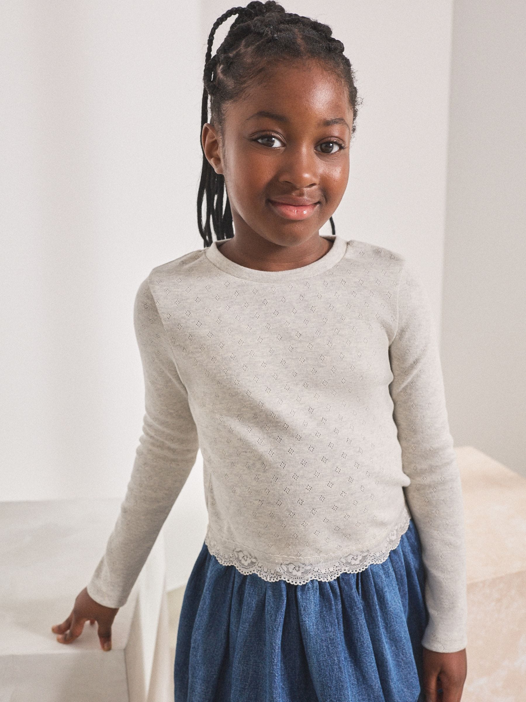 Grey Pointelle Lace Trim Long Sleeve Rib Top (3-16yrs)