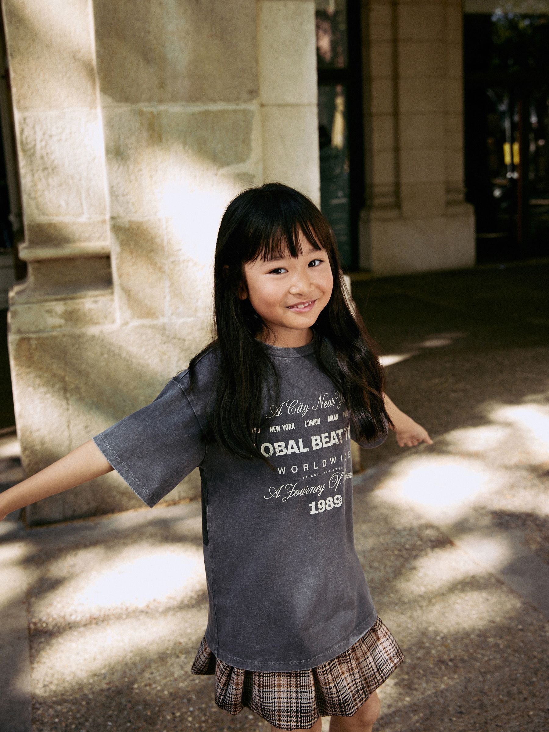 Charcoal Grey Oversized T-Shirt Check Skirt Set (3-16yrs)