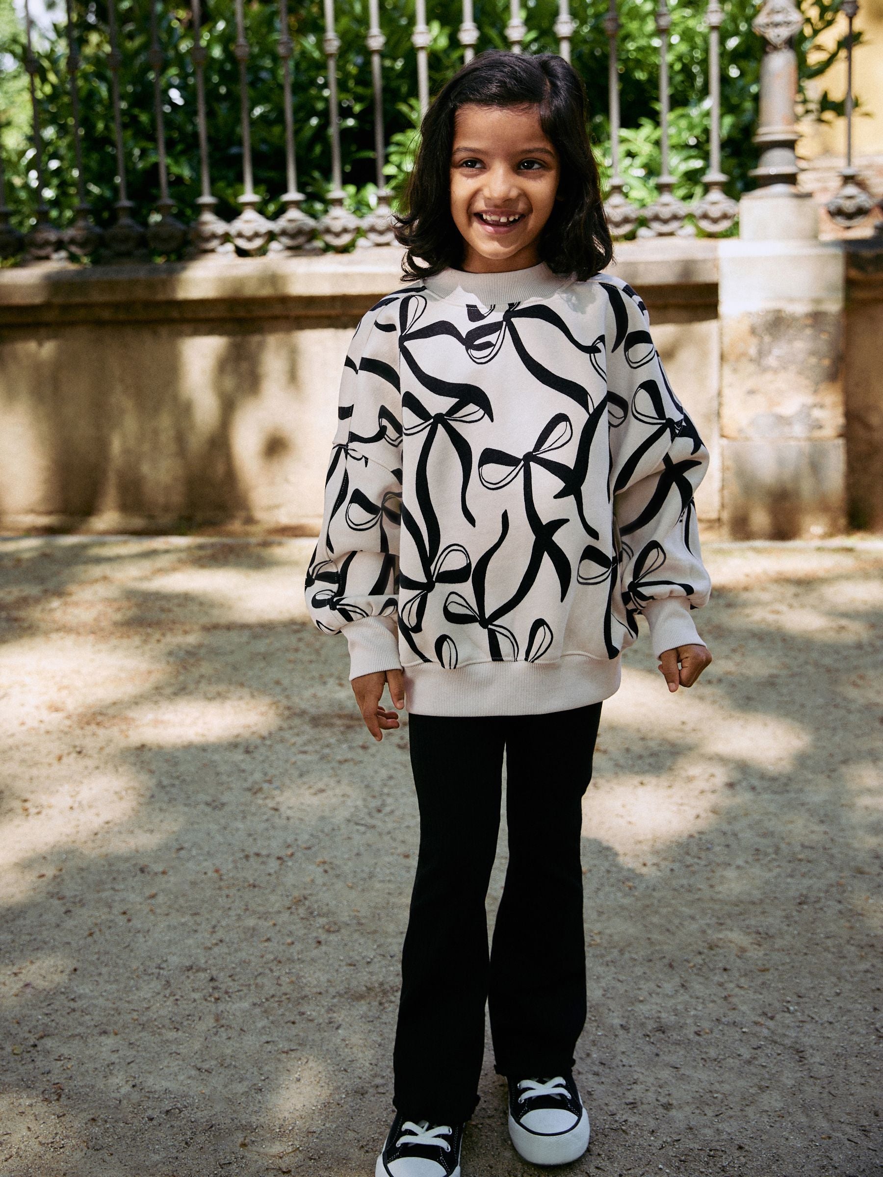 Cream Bow/Black Sweatshirt and Ribbed Flare Set (3-16yrs)