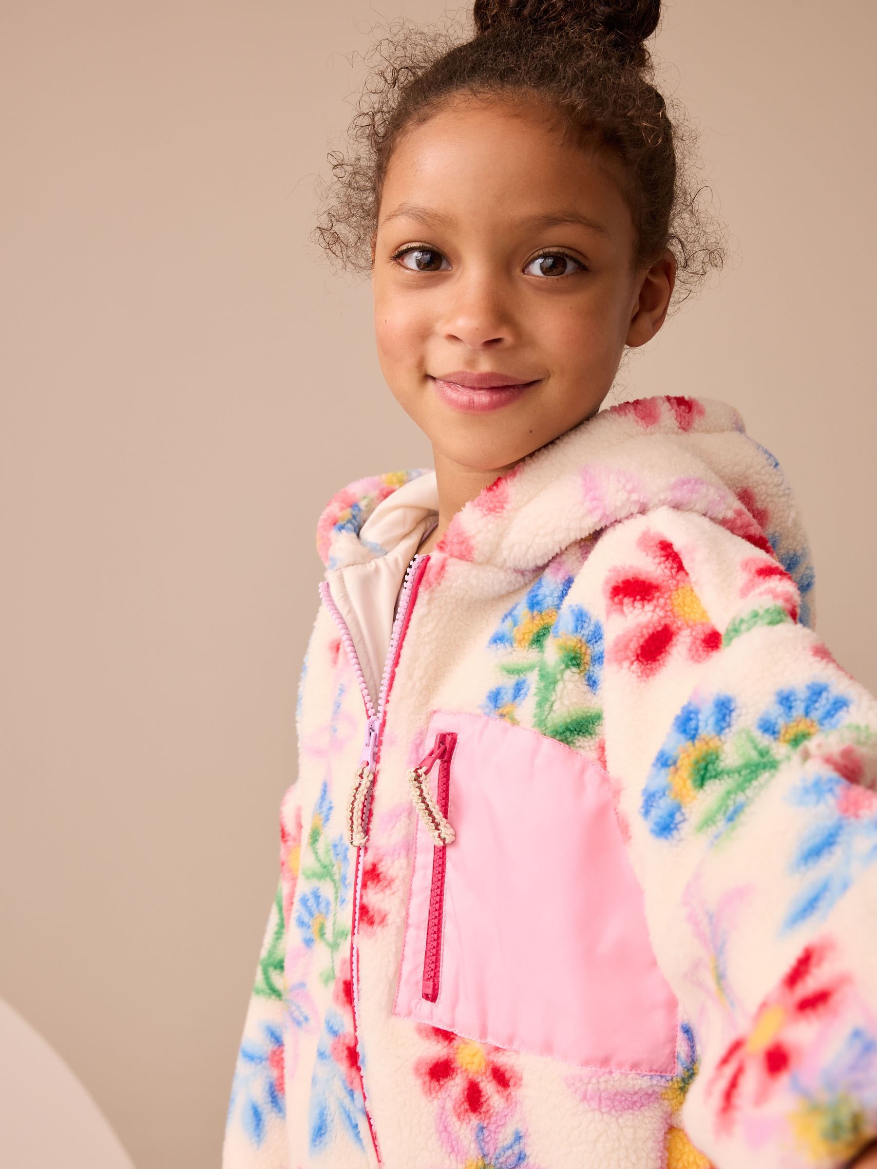 Ecru/Pink Floral Hooded Zip Borg Fleece Jacket (3-16yrs)