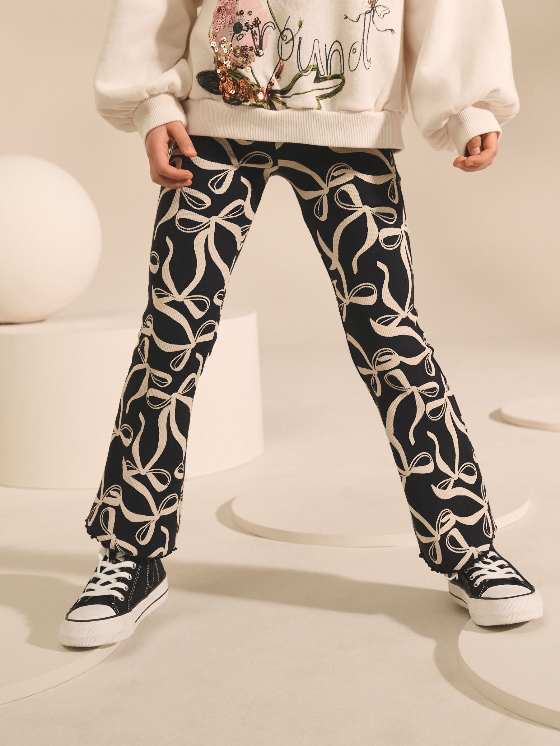 Black/White Bow 1 Pack Rib Flare Leggings (3-16yrs)