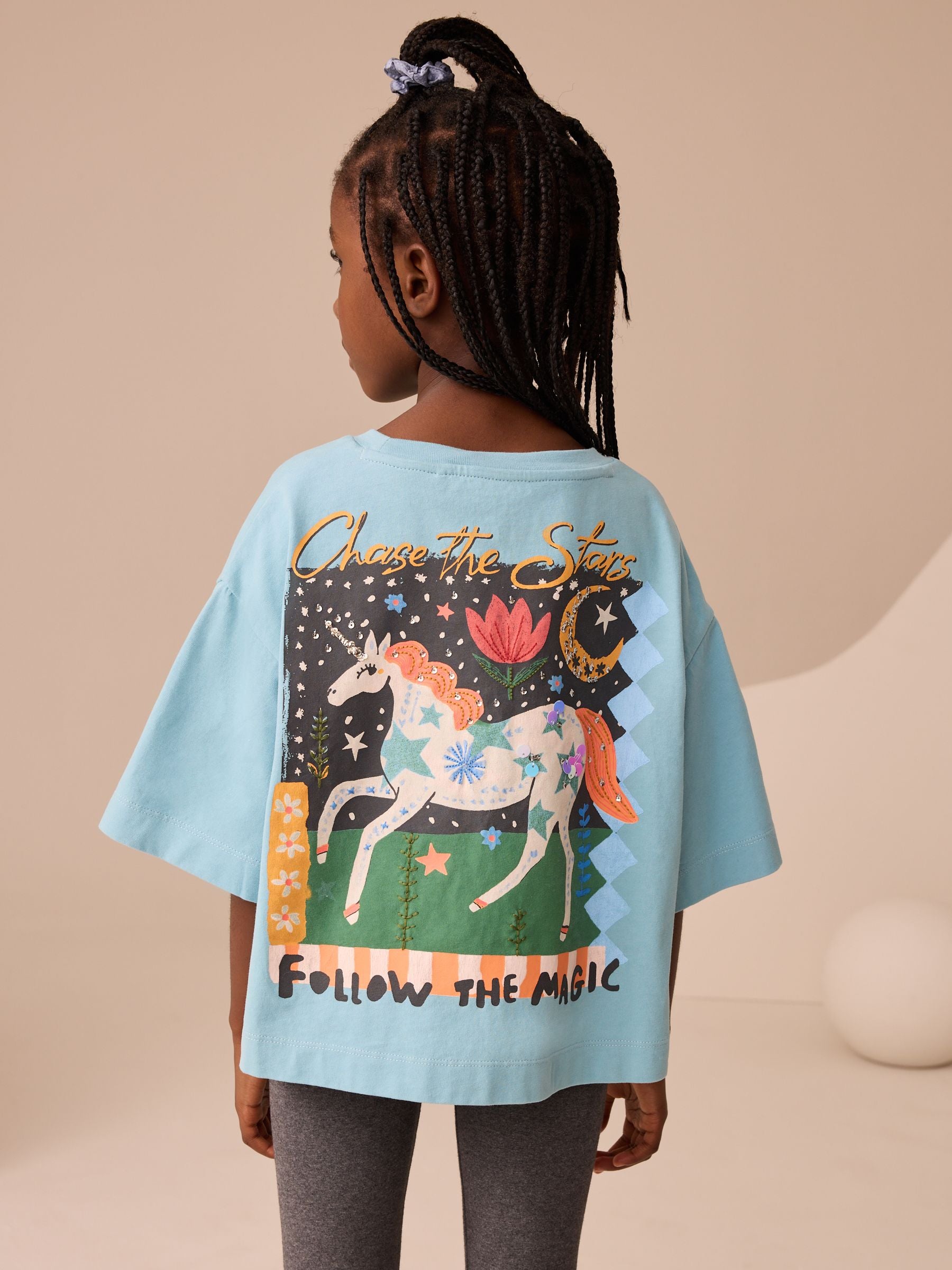 Teal Blue Sequin Boxy Unicorn Graphic Print T-Shirt (3-16yrs)