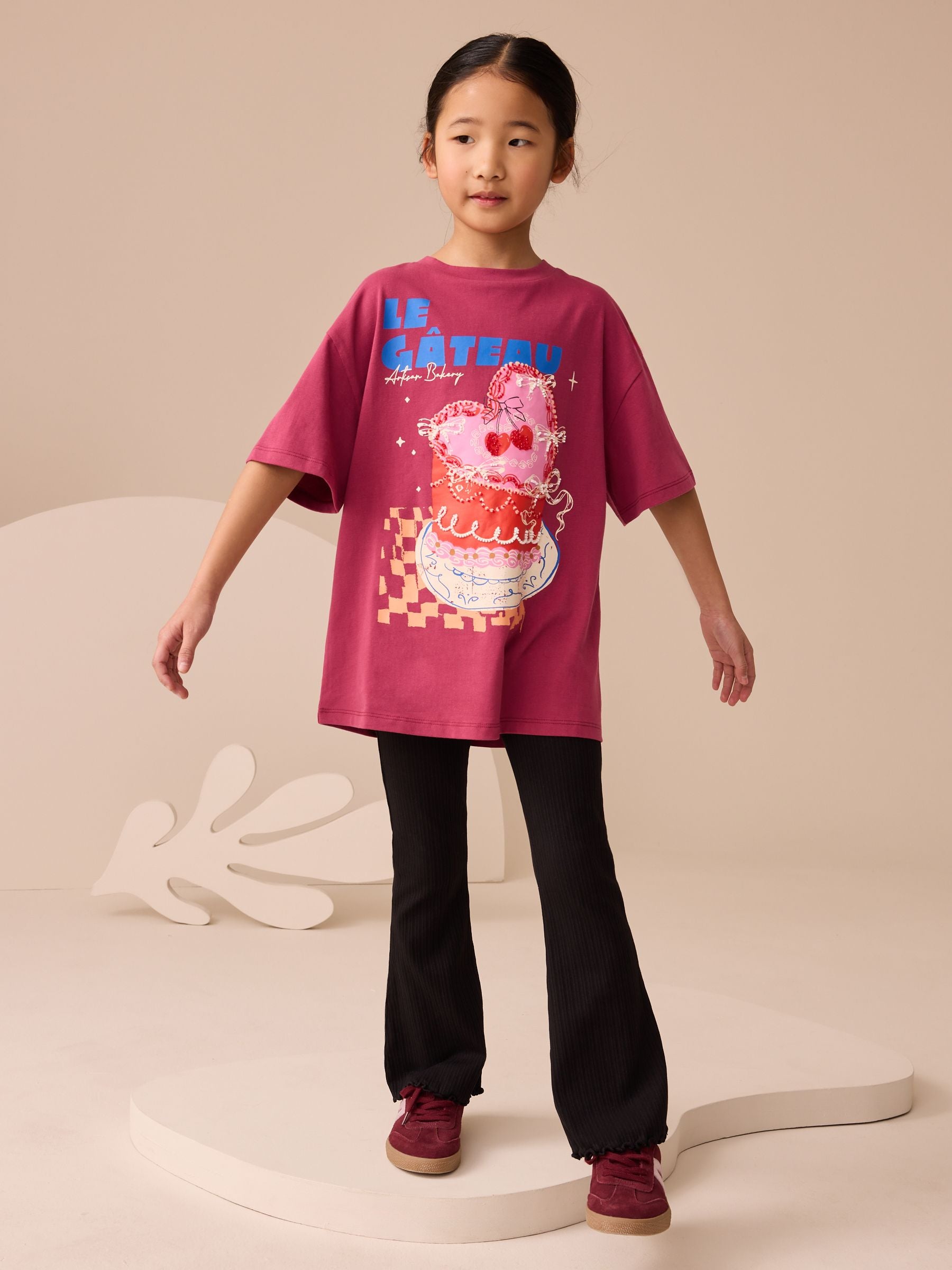 Burgundy Red Oversized Graphic Print T-Shirt (3-16yrs)