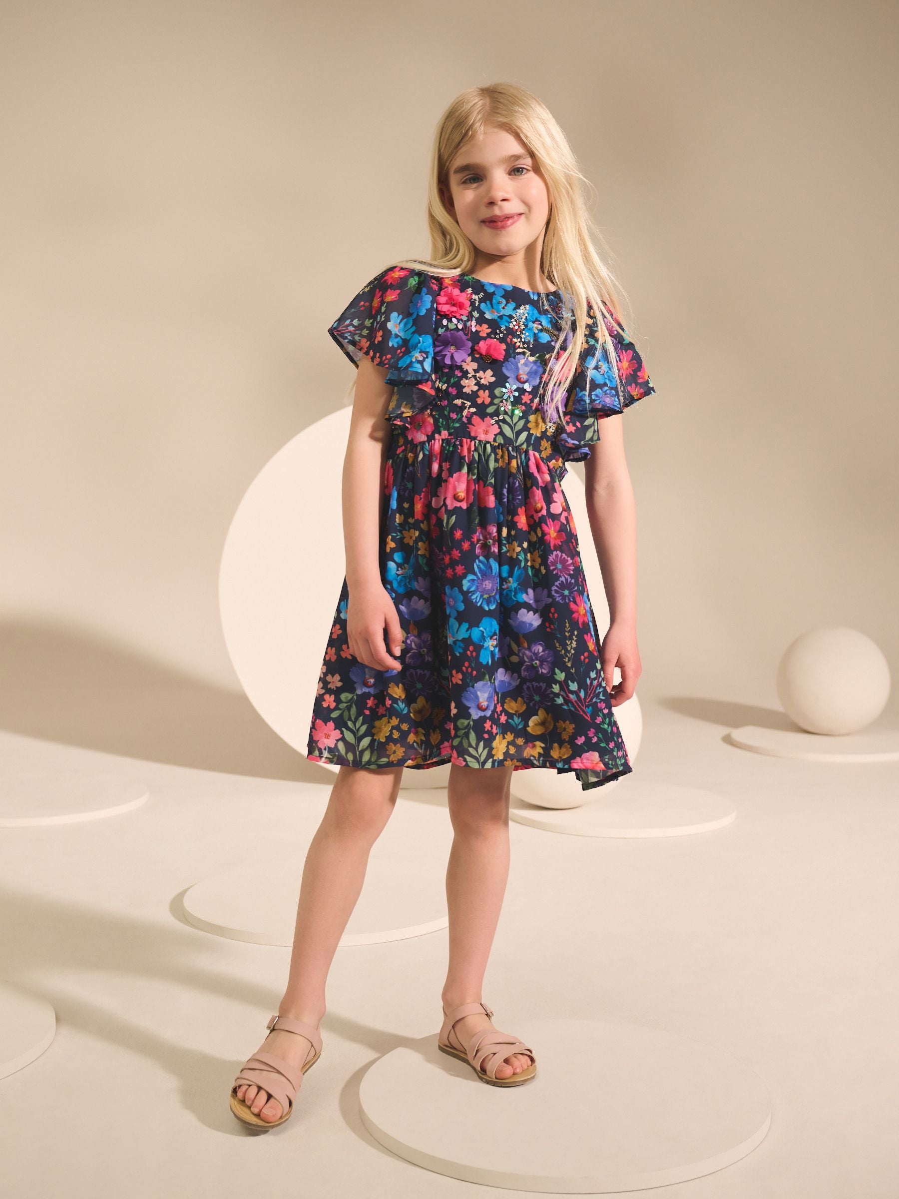 Navy Blue Ditsy Angel Sleeve Embellished Dress (3-16yrs)