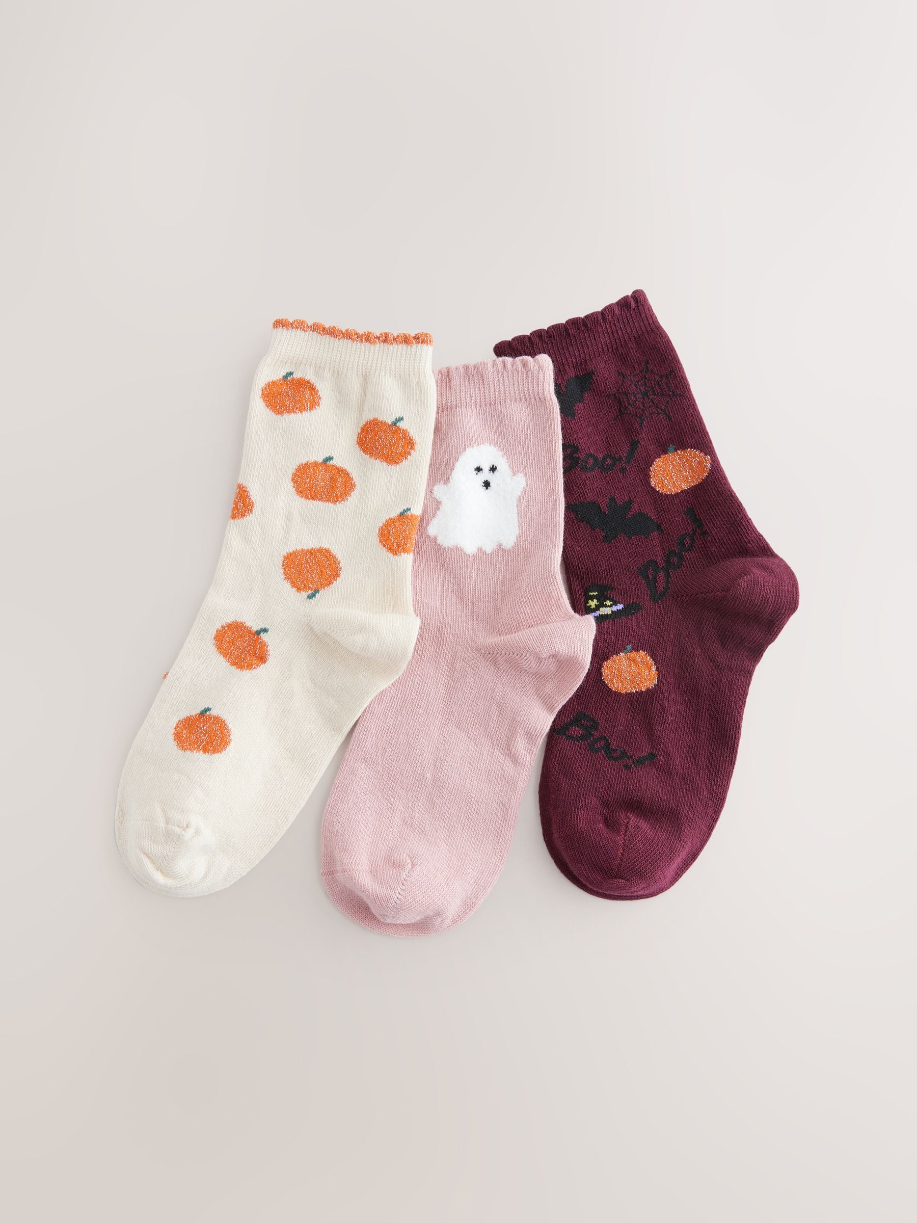 Oatmeal, Pink and Burgundy Halloween 3 Pack Cotton Rich Halloween Ankle Socks