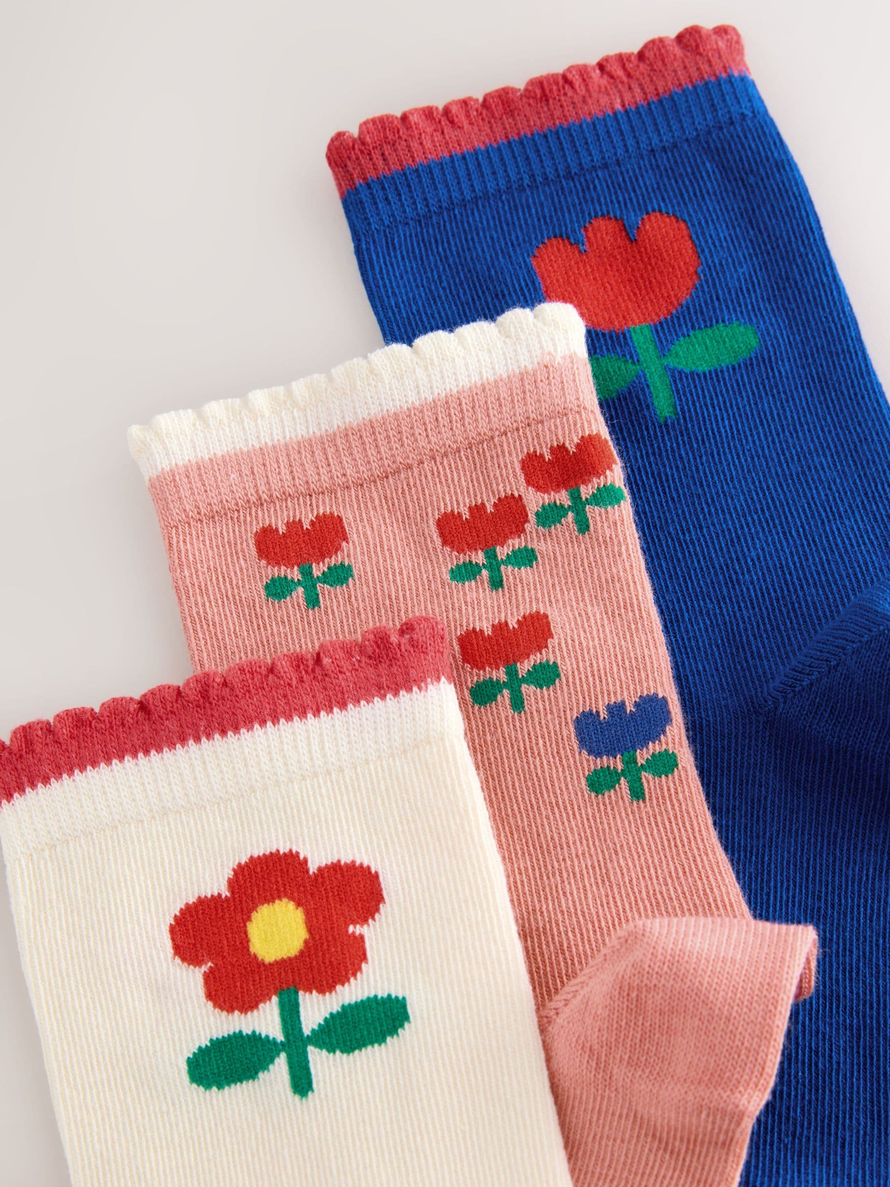 Blue and Ecru Cotton Rich Flower Print Ankle Socks 3 Pack