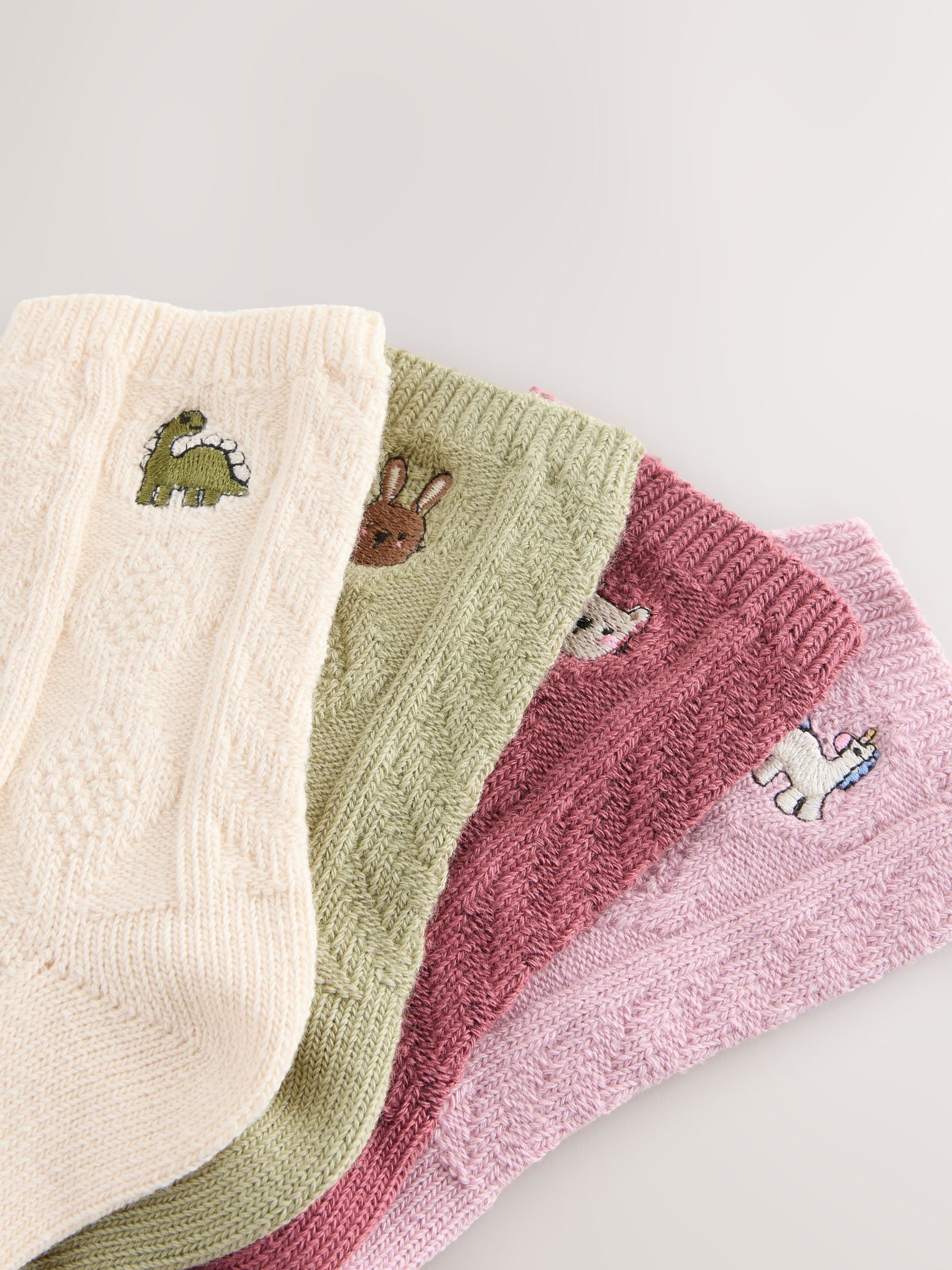Pink, Green, Oatmeal and Plum Red Cotton Rich Cable Embroidered Ankle Socks 4 Pack