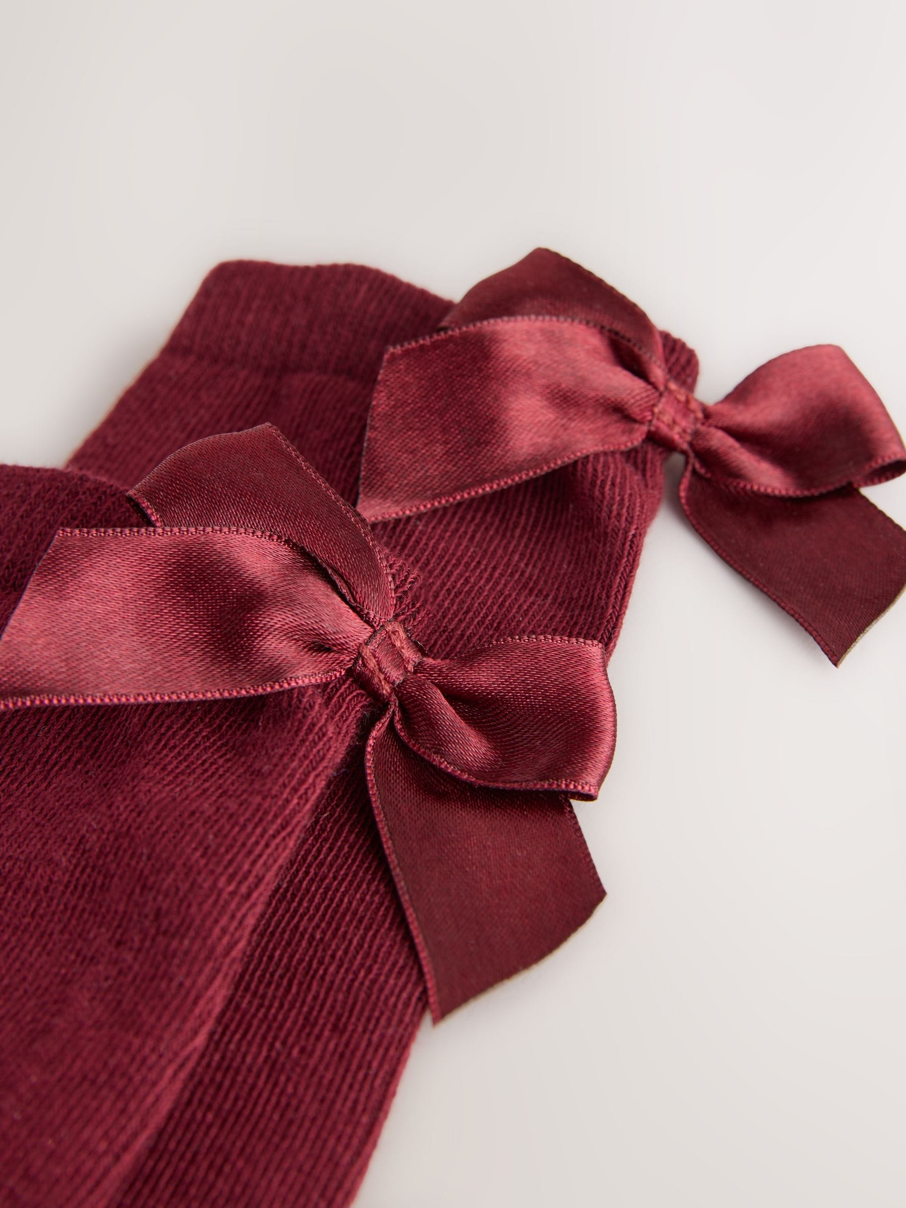 Burgundy Red 2 Pack Cotton Rich Bow Knee High Socks