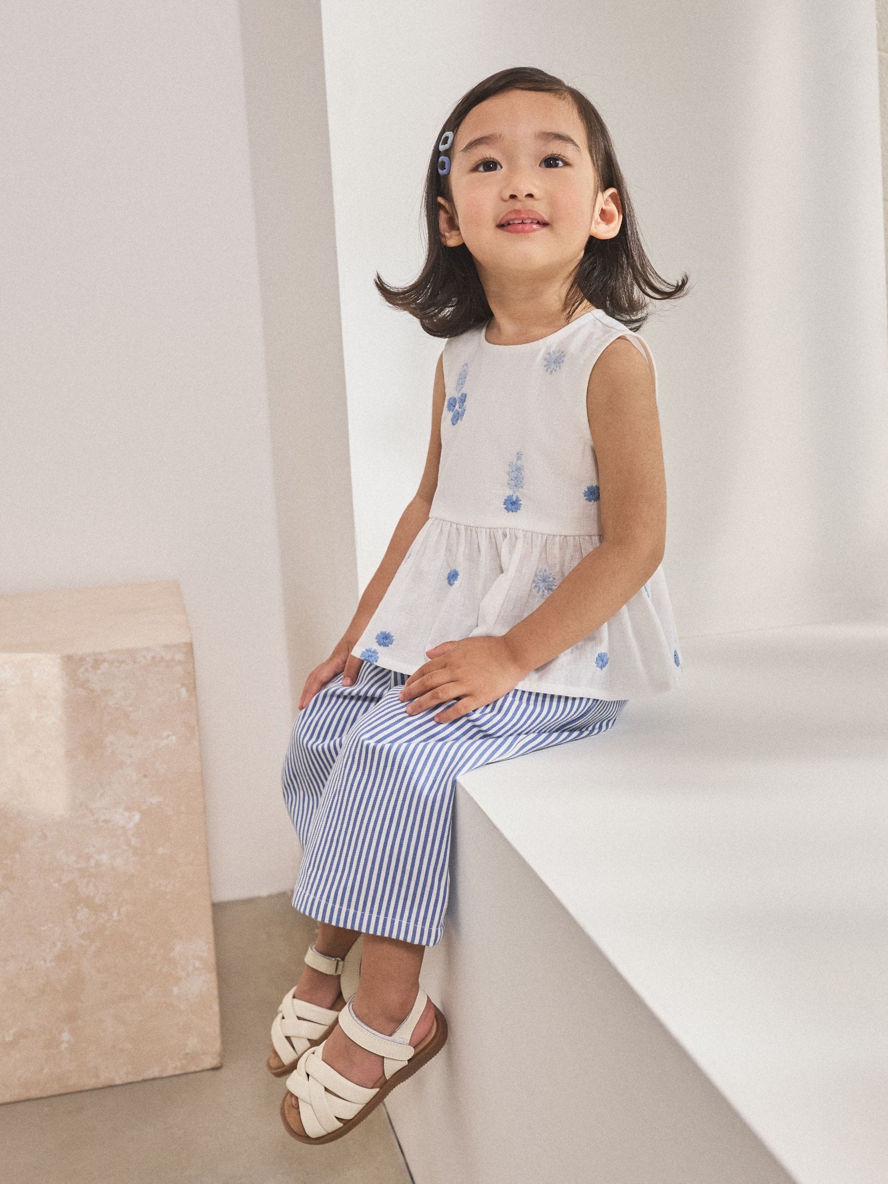 Blue/White Embroidered Blouse and Trousers Co-ord Set (3mths-8yrs)
