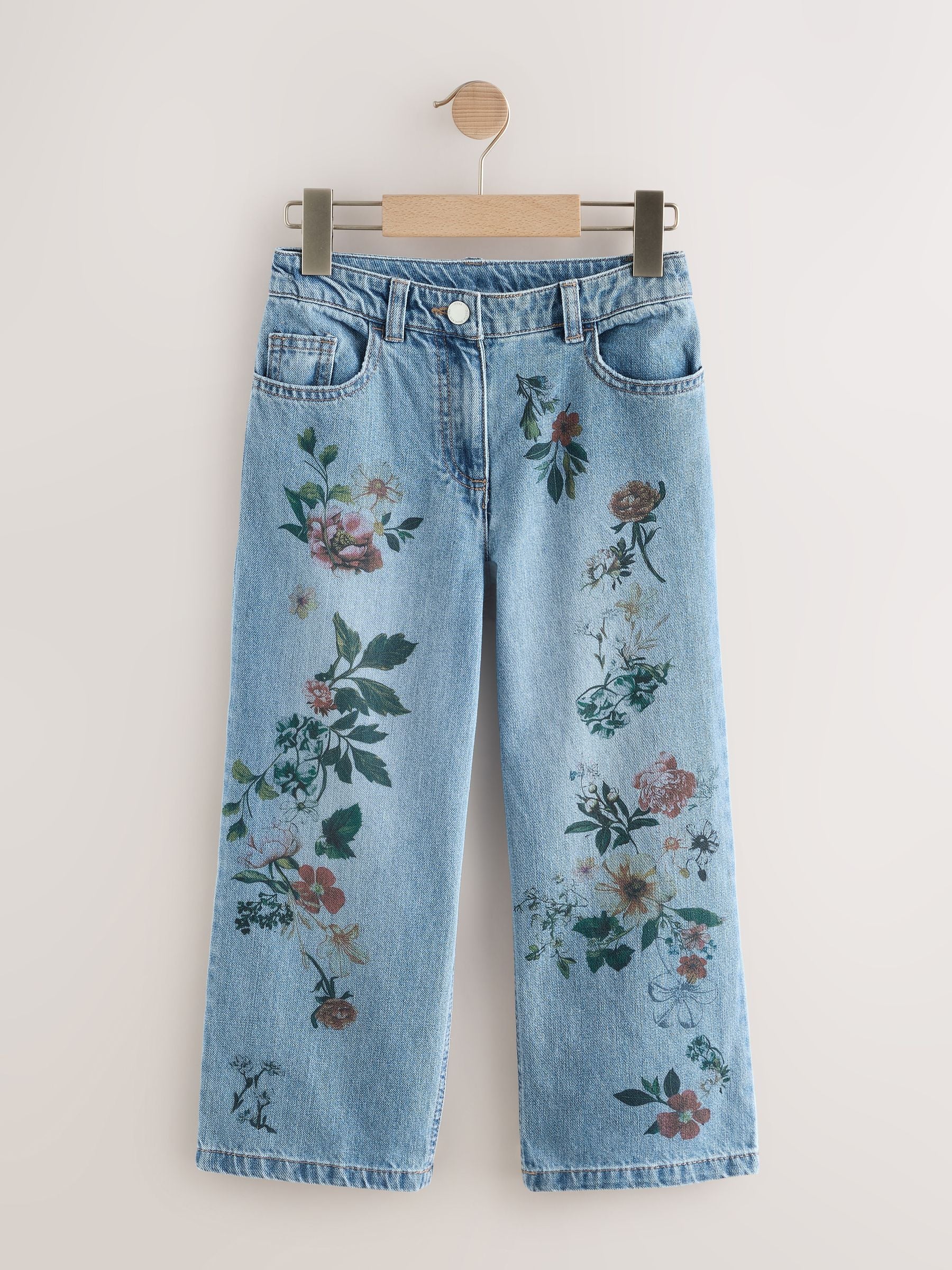 Mid Blue Denim Floral Print Wide Leg Jeans (3-16yrs)