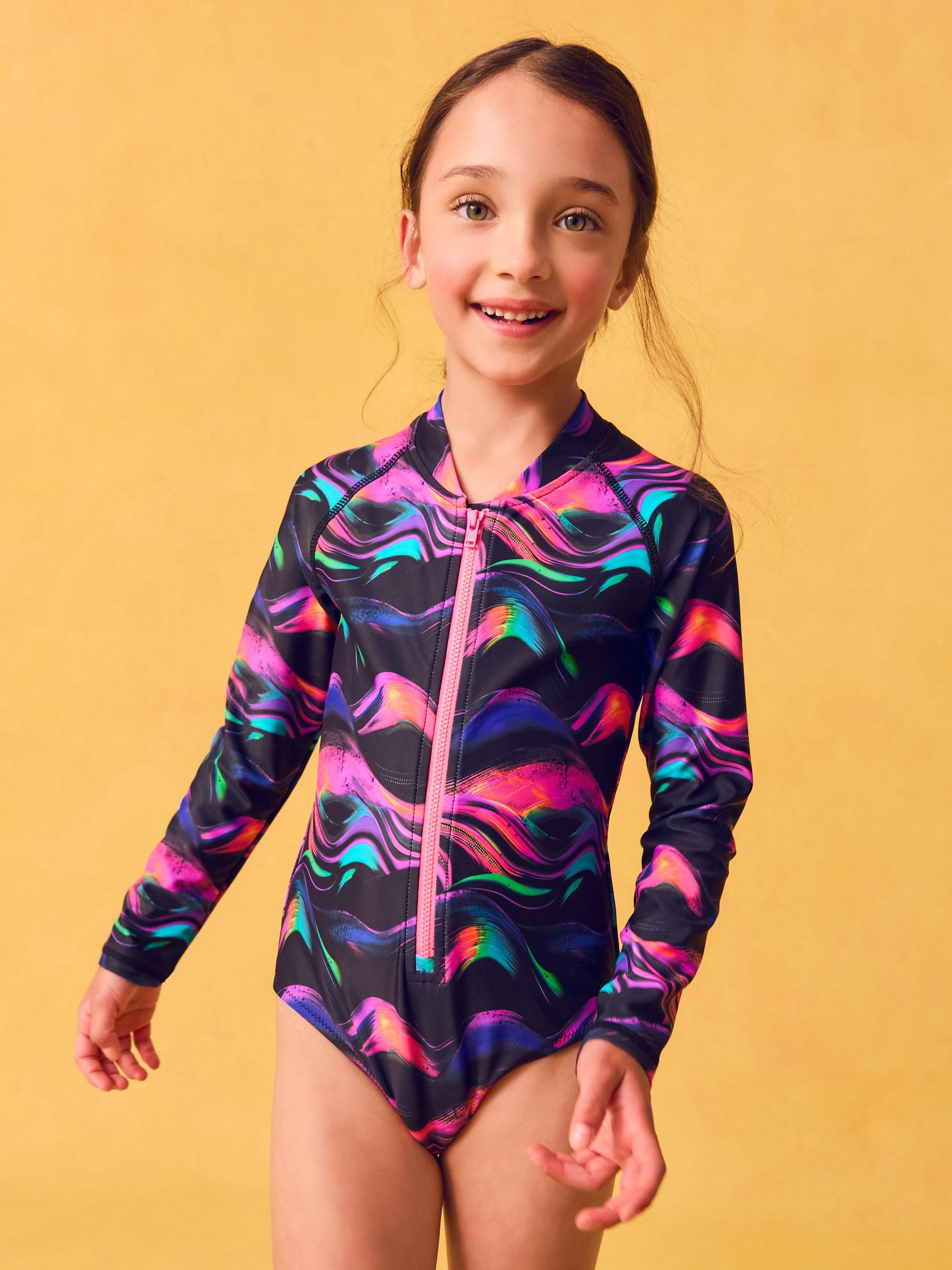 Multi Black Long Sleeved Sunsafe Swimsuit (3-16yrs)