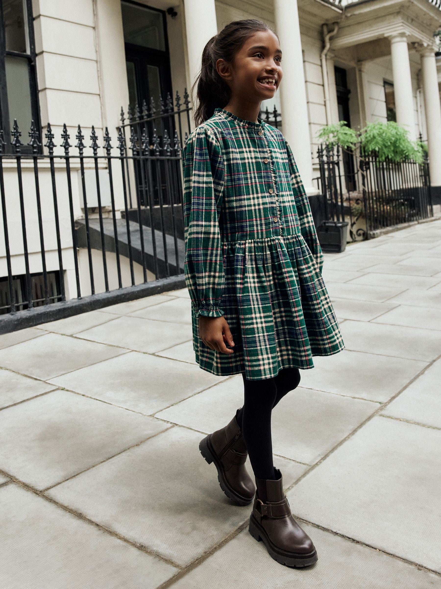 Green Check Placket Dress (3-16yrs)