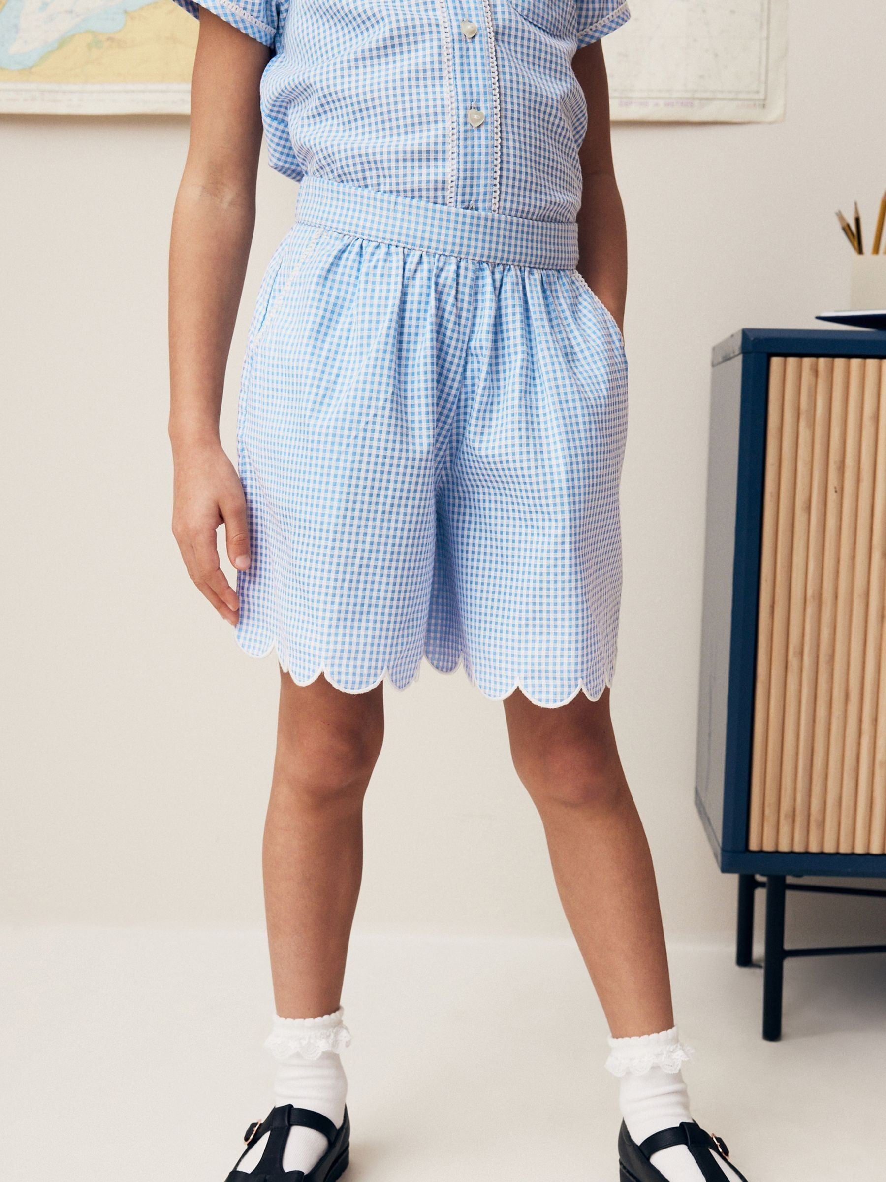 Blue Pull-on Cotton Rich School Gingham Shorts (3-14yrs)