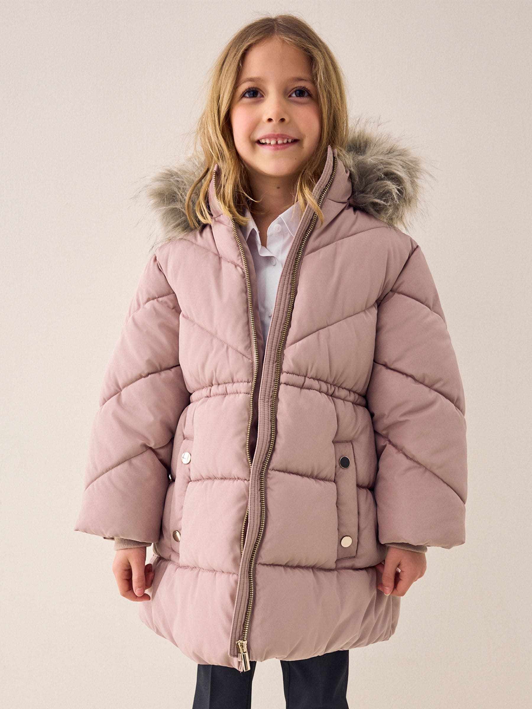 Toffee Pink Shower Resistant Faux Fur Trim Padded Coat (3-16yrs)