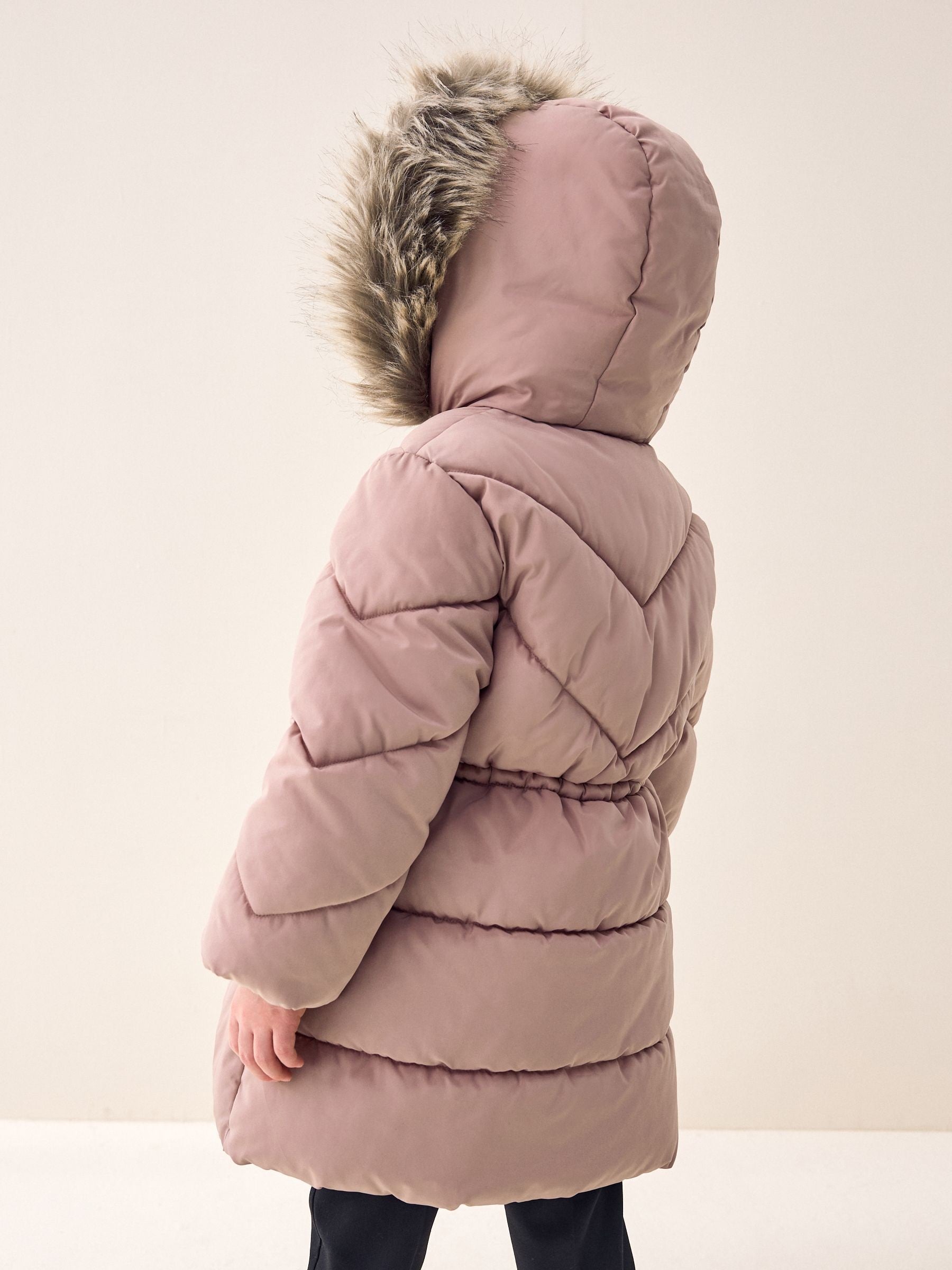 Toffee Pink Shower Resistant Faux Fur Trim Padded Coat (3-16yrs)