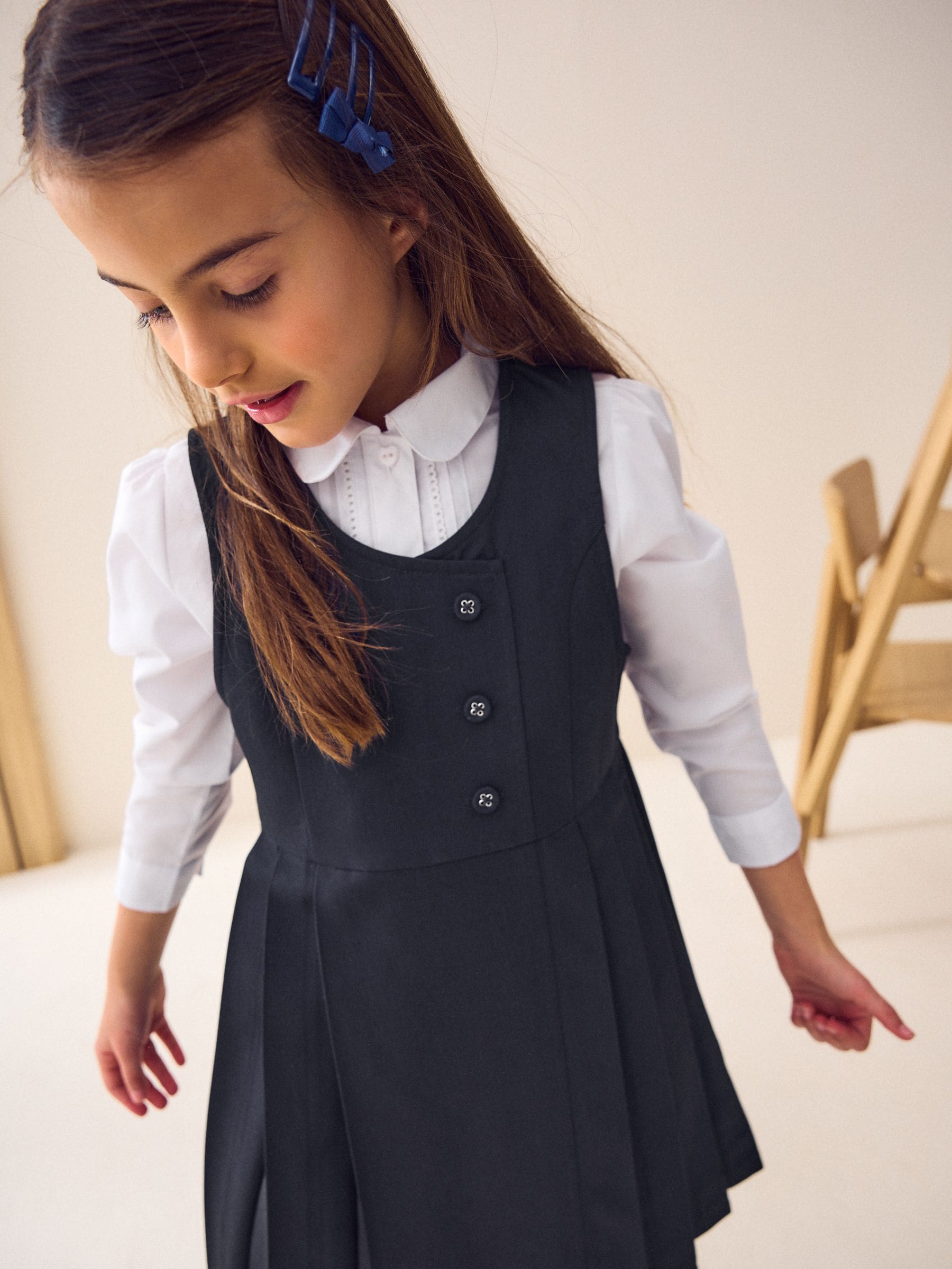 Navy Blue Asymmetric Button Front Pinafore School Dress (3-14yrs)