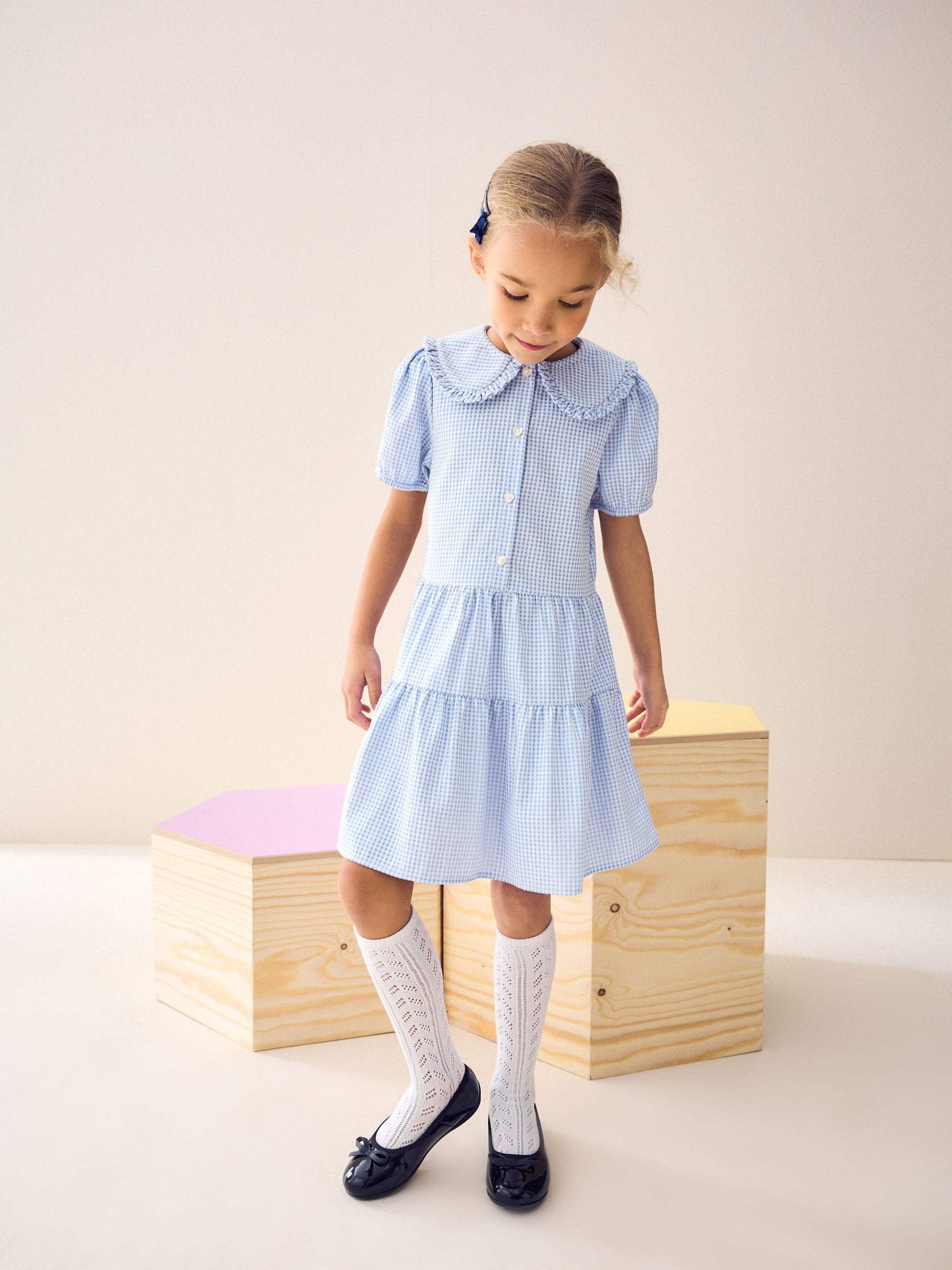 Blue Cotton Rich School Gingham Tiered Pretty Collar Dress (3-14yrs)