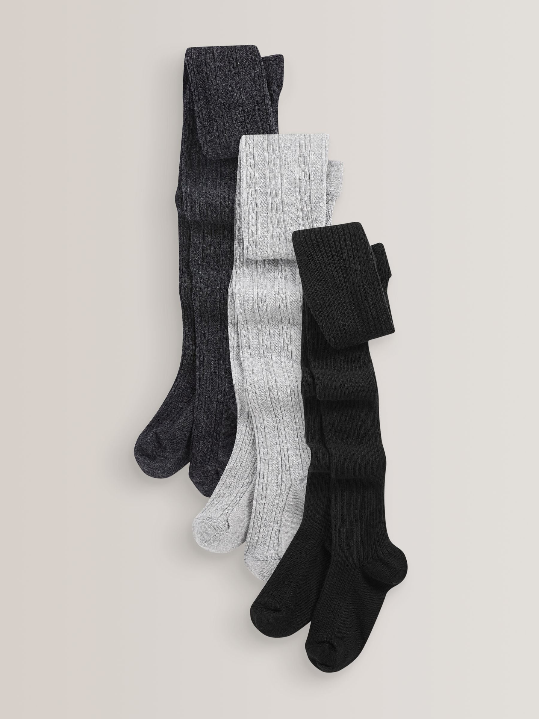 Black/Grey 3 Pack Cotton Rich Cable Tights